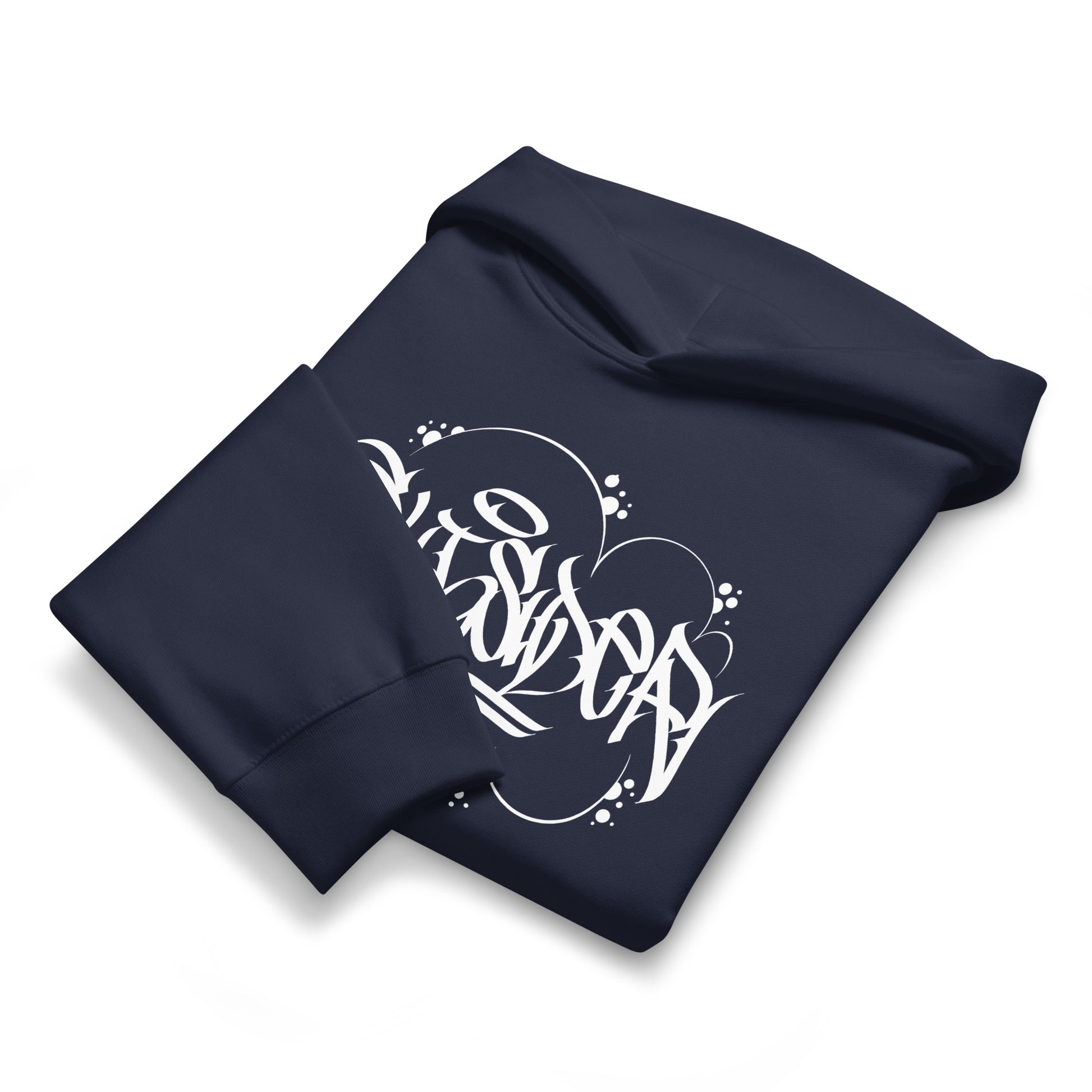 Navy-Outcast Graffiti Tag Hoodie by Caos One from B.Different Clothing, folded, graffiti-inspired streetwear, oversized heavyweight