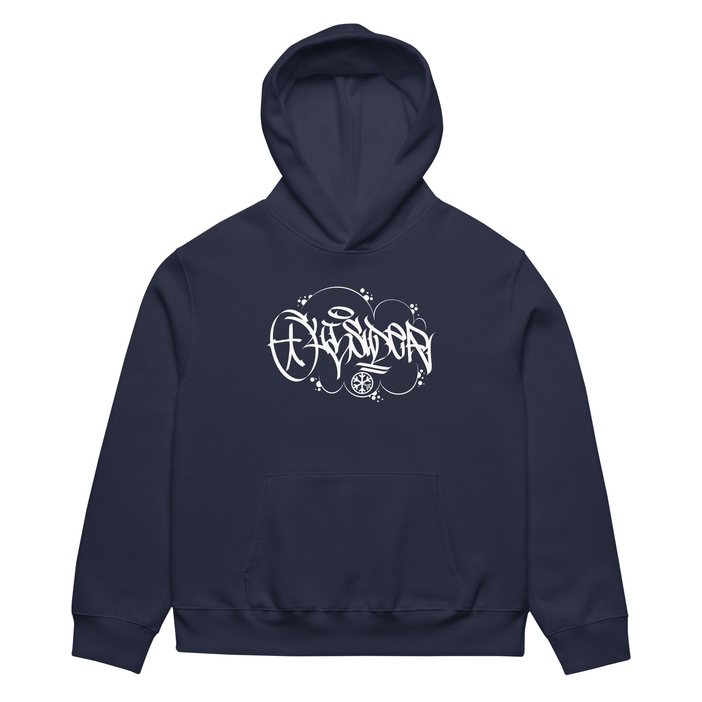 Navy-Outcast Graffiti Tag Hoodie by Caos One from B.Different Clothing, front view, graffiti-inspired streetwear, oversized heavyweight