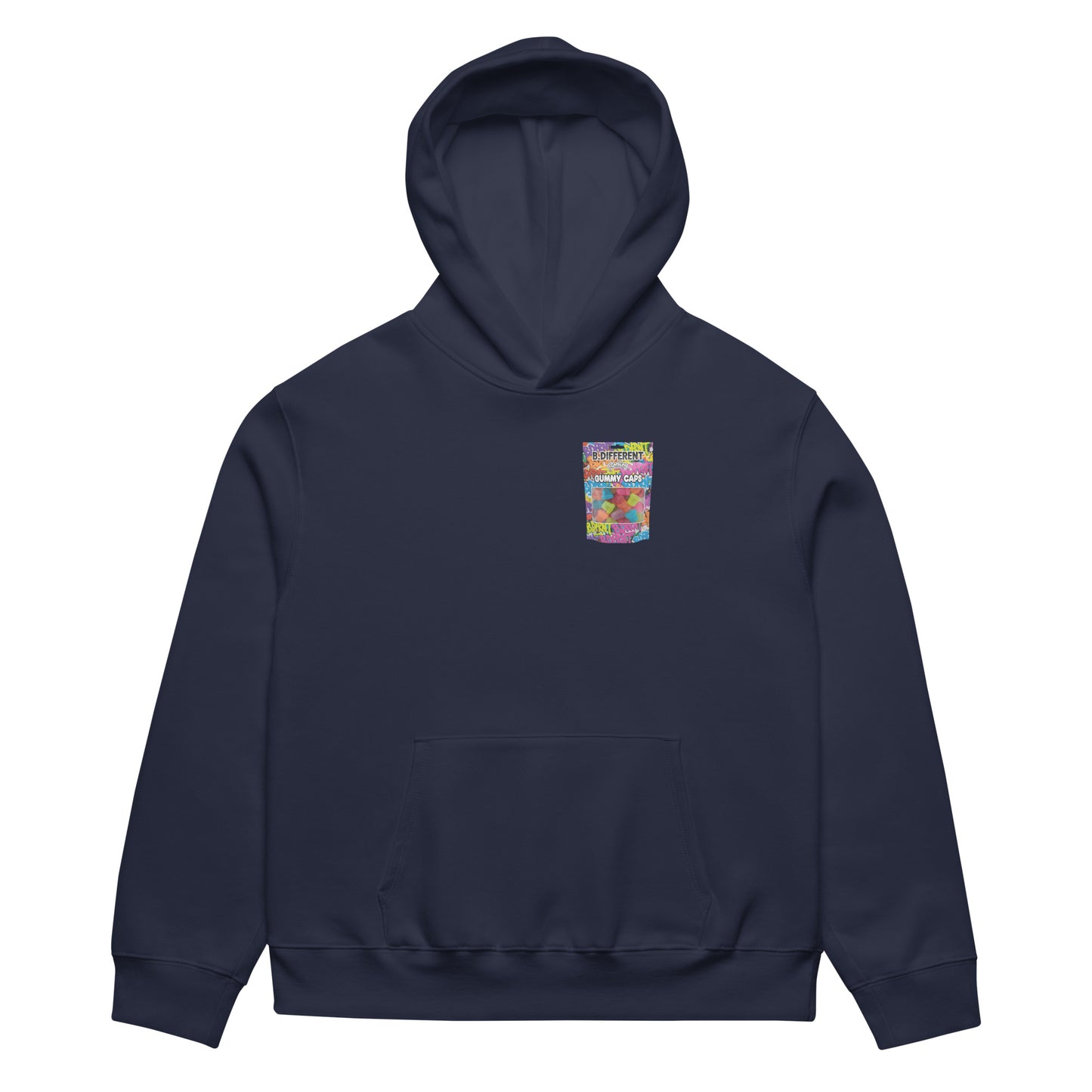 Navy-Gummy Caps Graffiti Hoodie from B.Different Clothing, front view, graffiti-inspired streetwear, oversized heavyweight