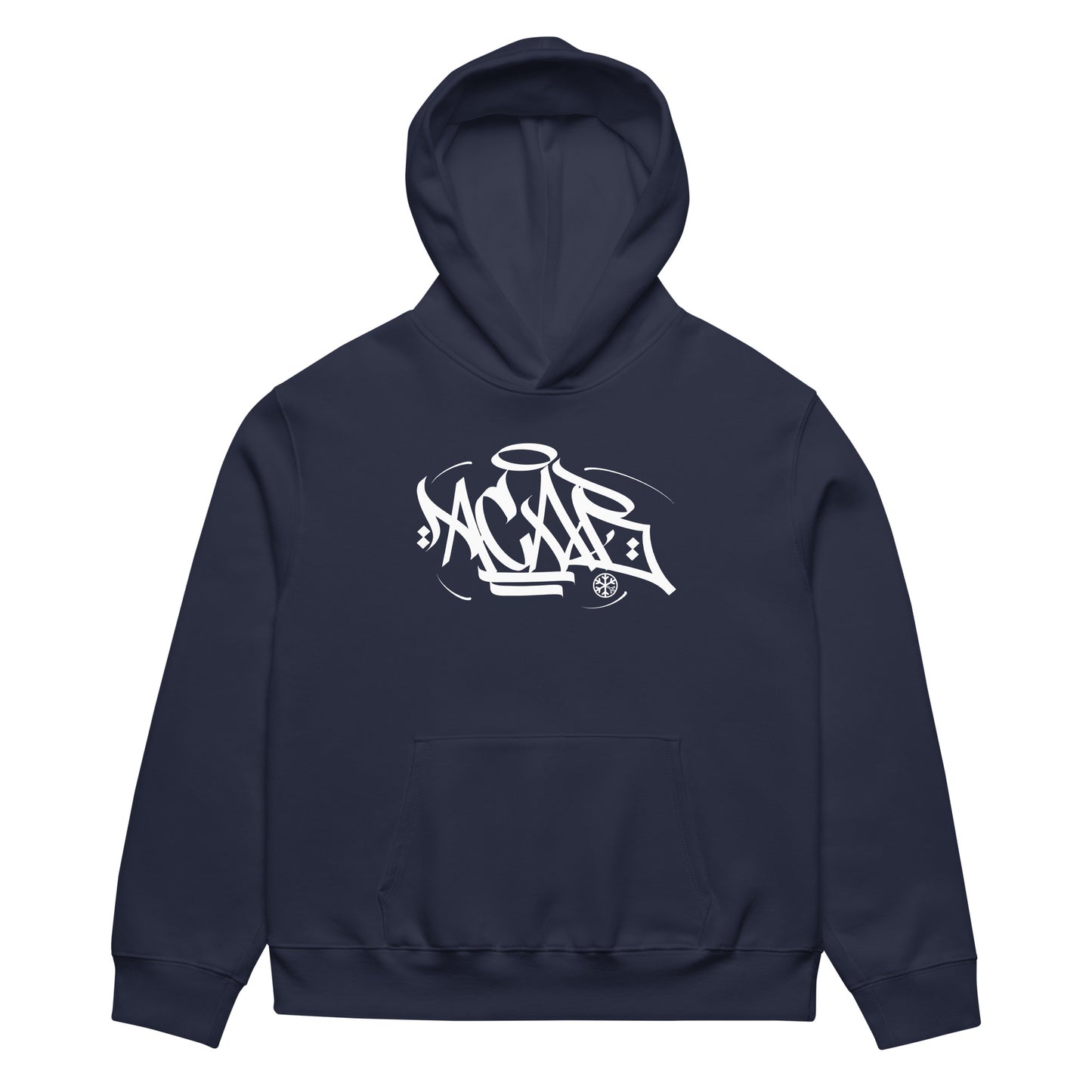 Navy-Acab Graffiti Tag Hoodie by Caos One from B.Different Clothing, front view, graffiti-inspired streetwear, oversized heavyweight