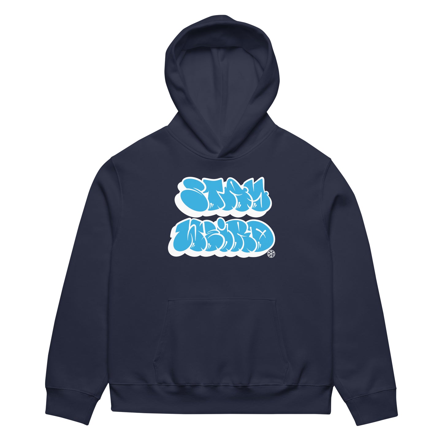 Navy-Stay Weird Graffiti Throwie Hoodie by Monsterinho from B.Different Clothing, front view, graffiti-inspired streetwear, oversized heavyweight