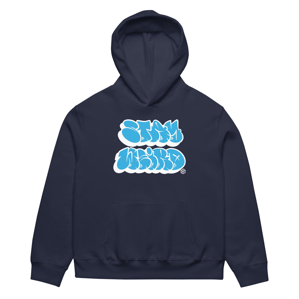 Navy-Stay Weird Graffiti Throwie Hoodie by Monsterinho from B.Different Clothing, front view, graffiti-inspired streetwear, oversized heavyweight