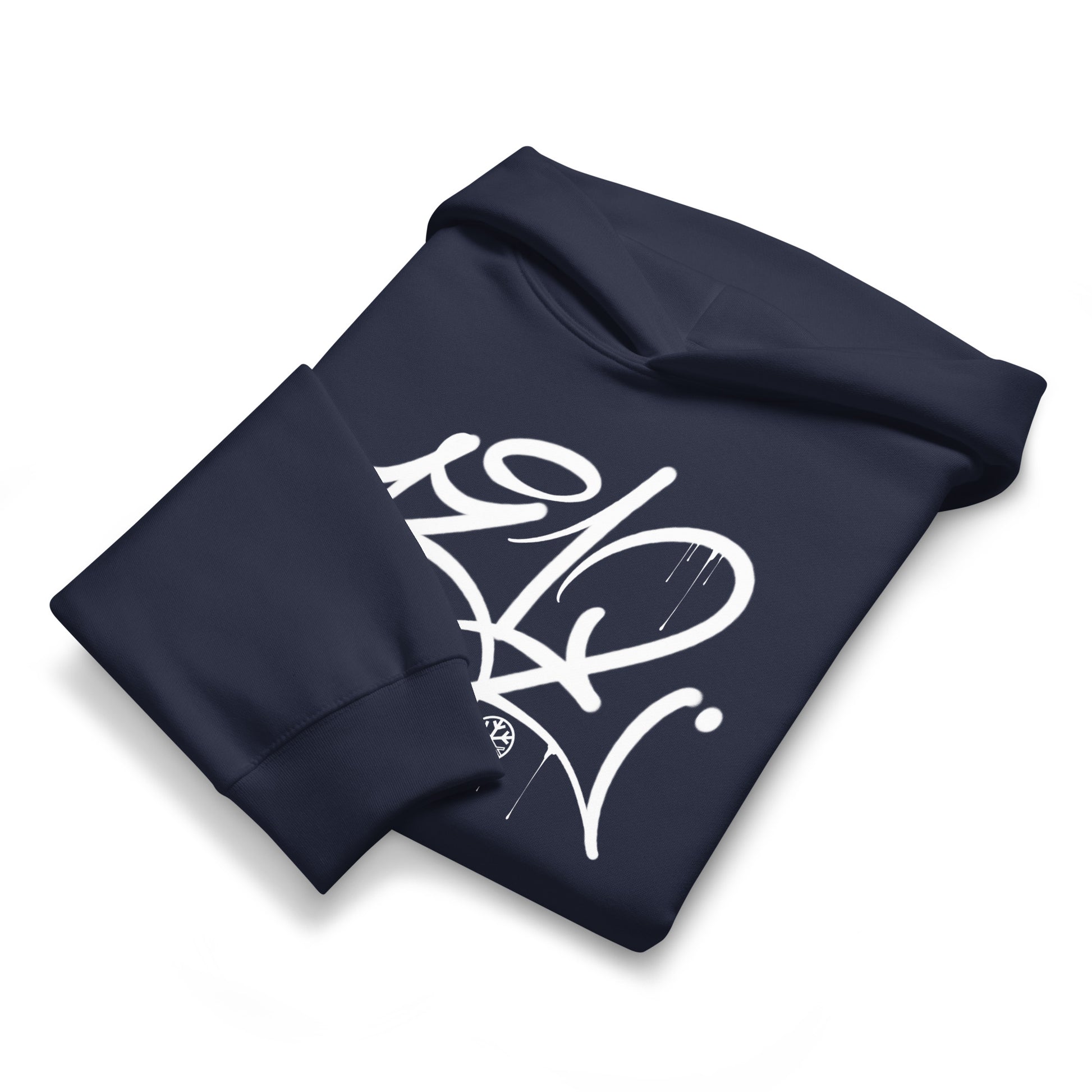 Navy-1312 Graffiti Tag Hoodie by Caos One from B.Different Clothing, front view, graffiti-inspired streetwear, oversized heavyweight