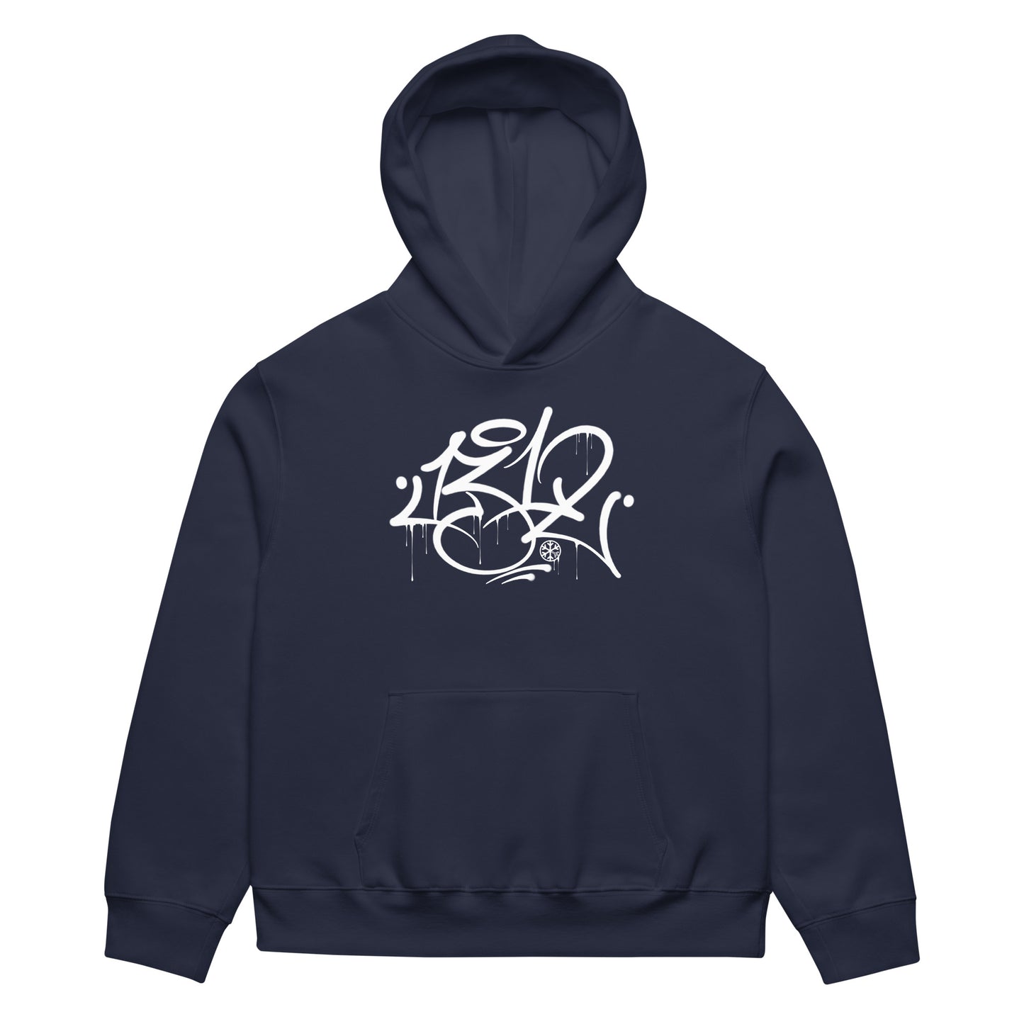 Navy-1312 Graffiti Tag Hoodie by Caos One from B.Different Clothing, folded, graffiti-inspired streetwear, oversized heavyweight