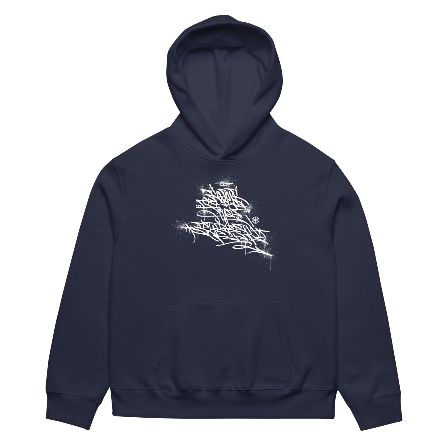 Navy-Bomb The System Graffiti Hoodie by Shew from B.Different Clothing, folded, graffiti-inspired streetwear, oversized heavyweight