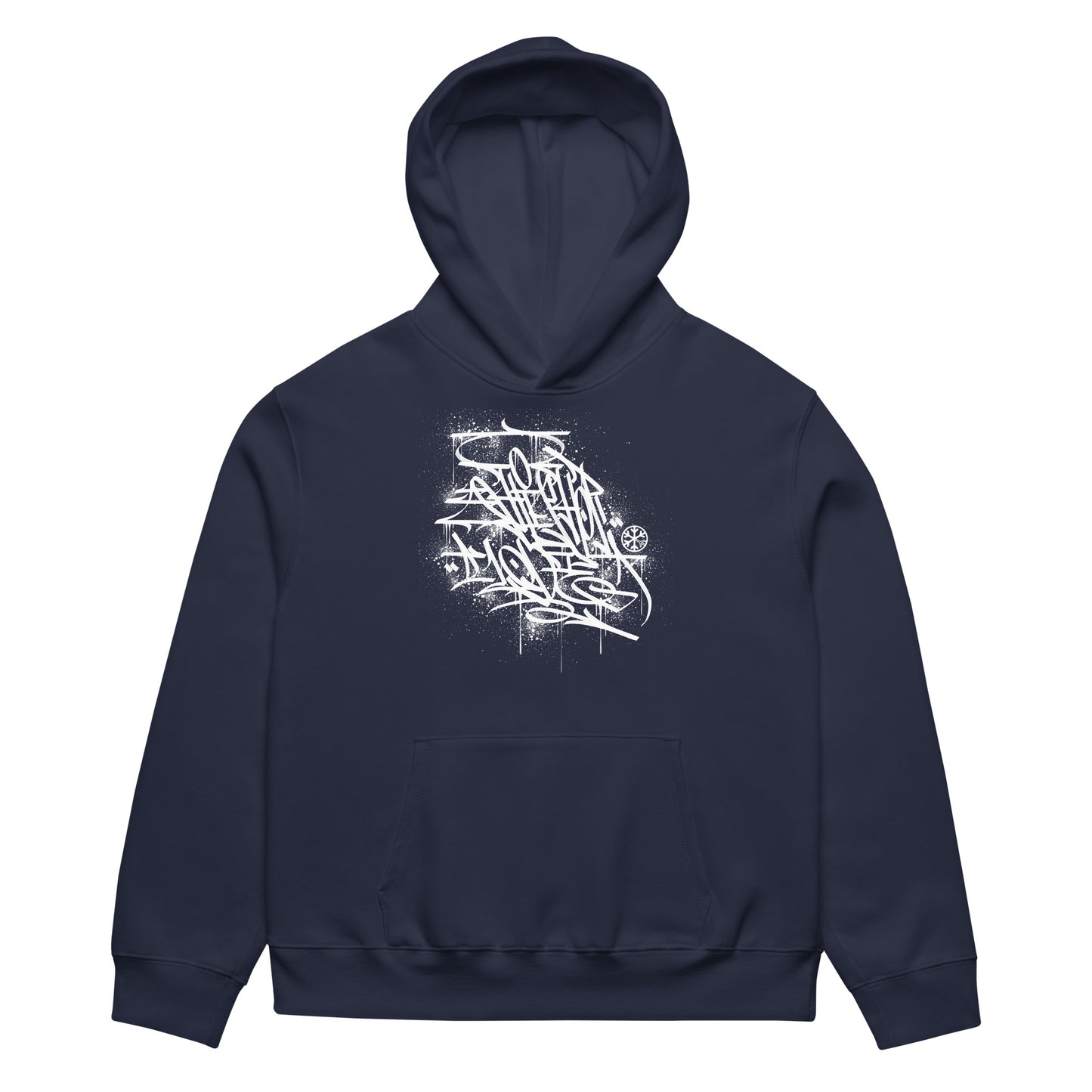 Navy-Hip Hop Love Graffiti Hoodie by Shew from B.Different Clothing, front view, graffiti-inspired streetwear, oversized heavyweight