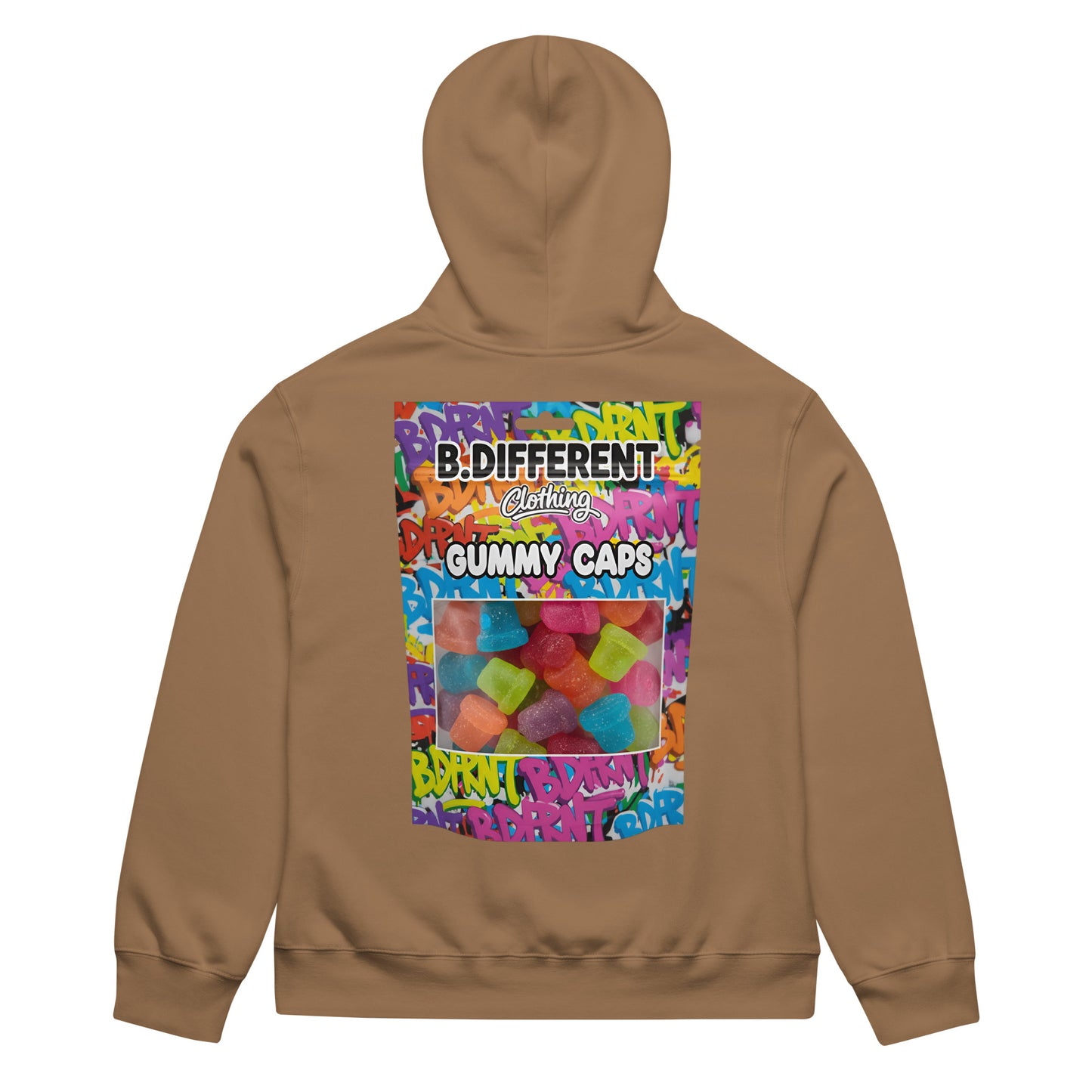 Brown-Gummy Caps Graffiti Hoodie from B.Different Clothing, back view, graffiti-inspired streetwear, oversized heavyweight
