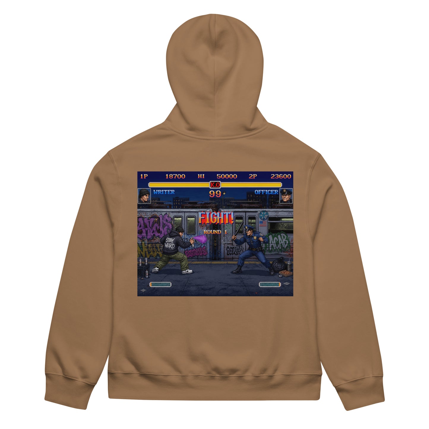 Brown-Street Writer II Graffiti Hoodie from B.Different Clothing, back view, graffiti-inspired streetwear, oversized heavyweight