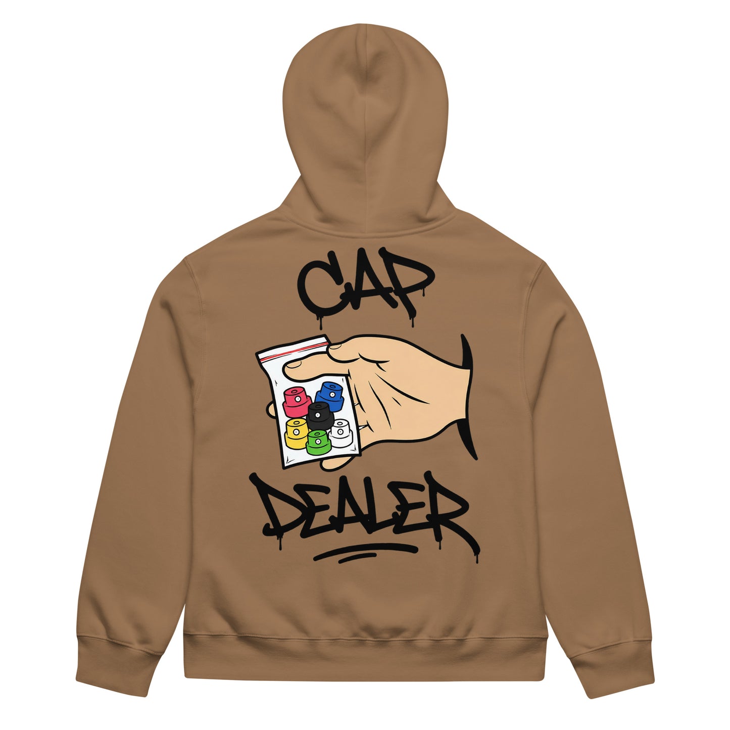 Brown-Cap Dealer Graffiti Hoodie from B.Different Clothing, back view, graffiti-inspired streetwear