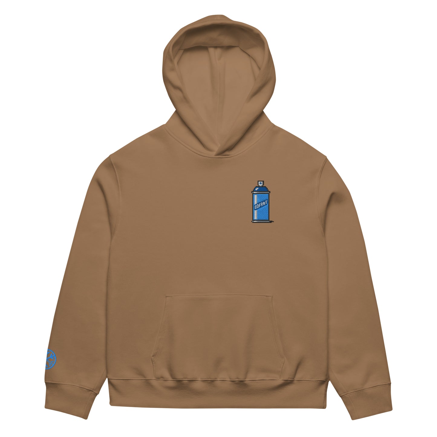 Brown-Pixel Spray Can Graffiti Hoodie from B.Different Clothing, front view, graffiti-inspired streetwear, oversized heavyweight