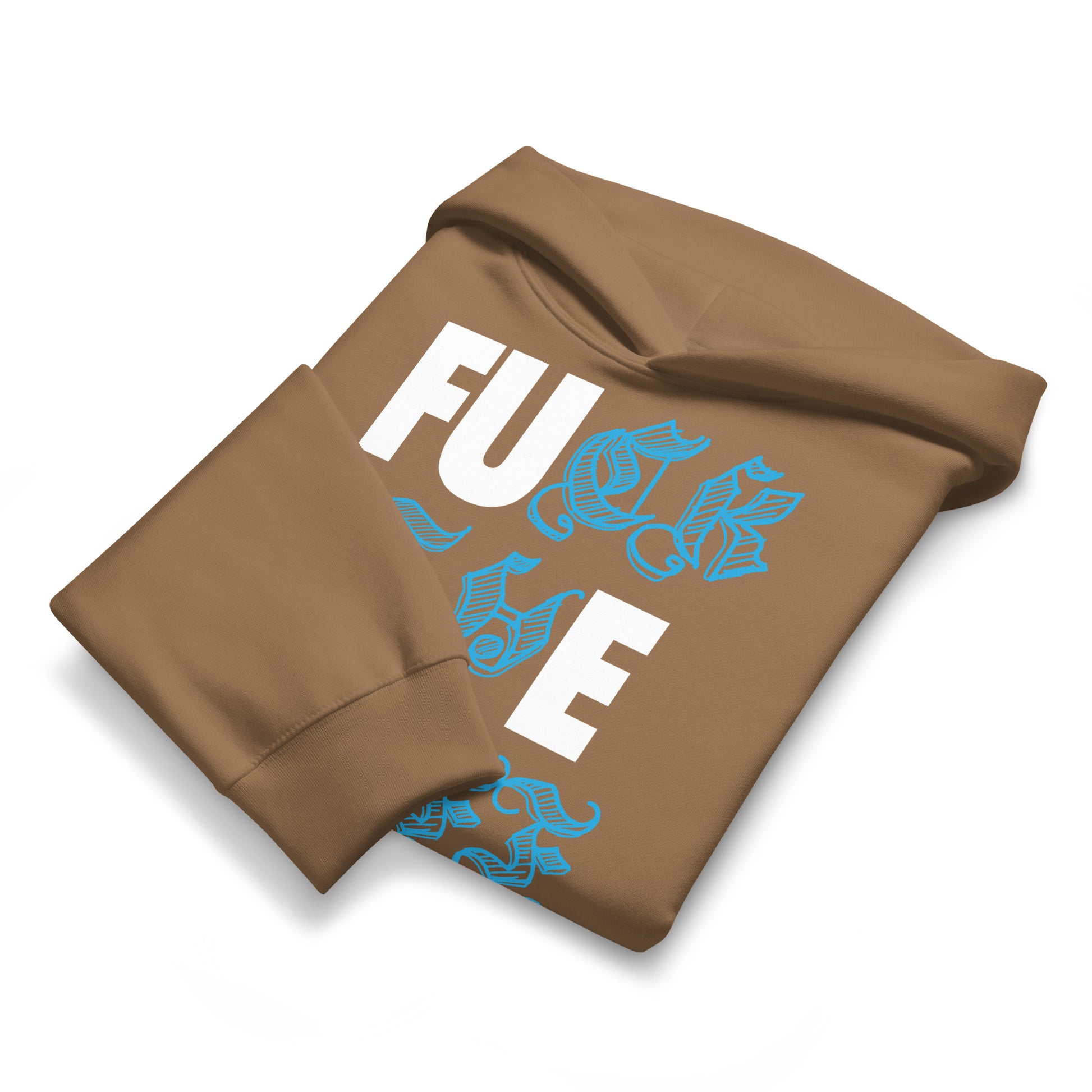 Brown-Fuck The Buff Graffiti Hoodie from B.Different Clothing, folded, graffiti-inspired streetwear, oversized heavyweight