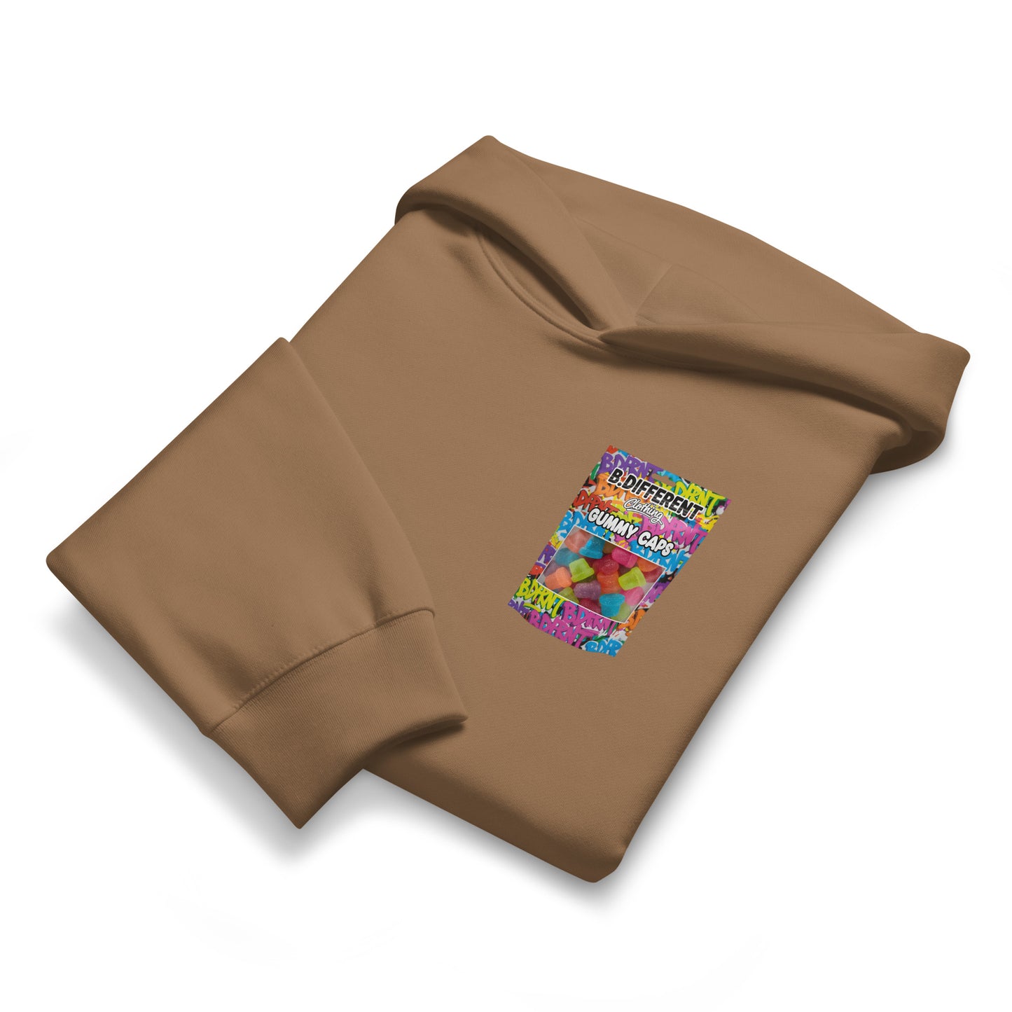Brown-Gummy Caps Graffiti Hoodie from B.Different Clothing, folded, graffiti-inspired streetwear, oversized heavyweight