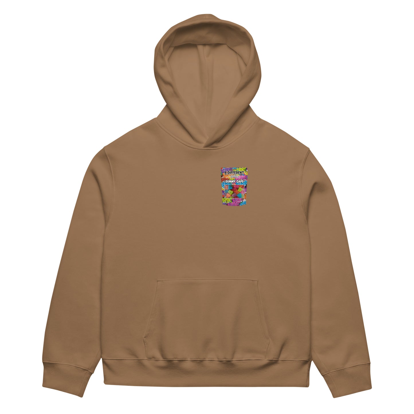 Brown-Gummy Caps Graffiti Hoodie from B.Different Clothing, front view, graffiti-inspired streetwear, oversized heavyweight