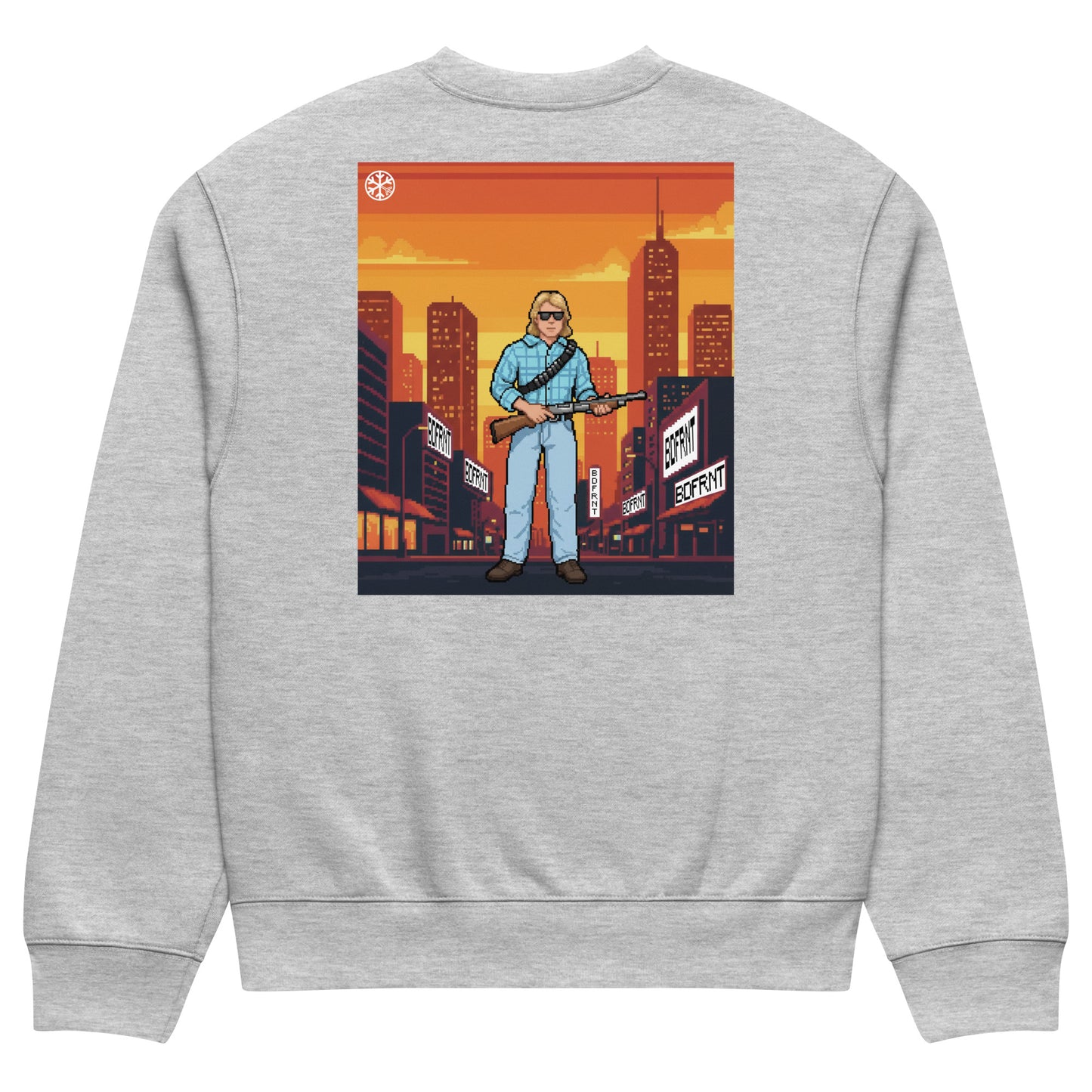 Gray-Pixel Disobey Sweatshirt from B.Different Clothing, back view, graffiti-inspired streetwear, oversized heavyweight