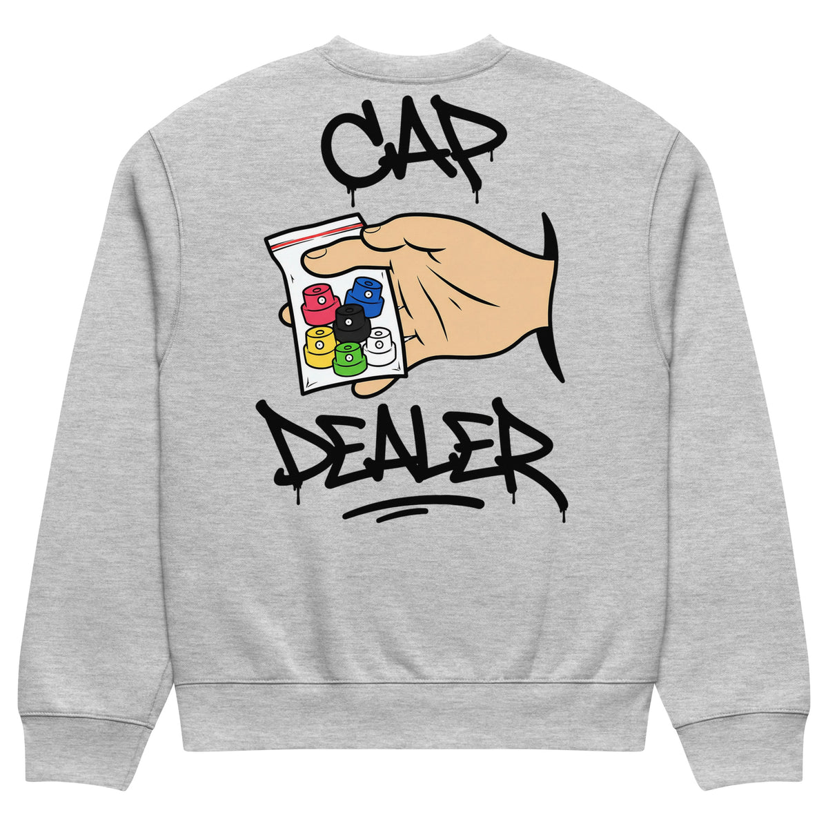 Gray-Cap Dealer Graffiti Sweatshirt from B.Different Clothing, back view, graffiti-inspired streetwear