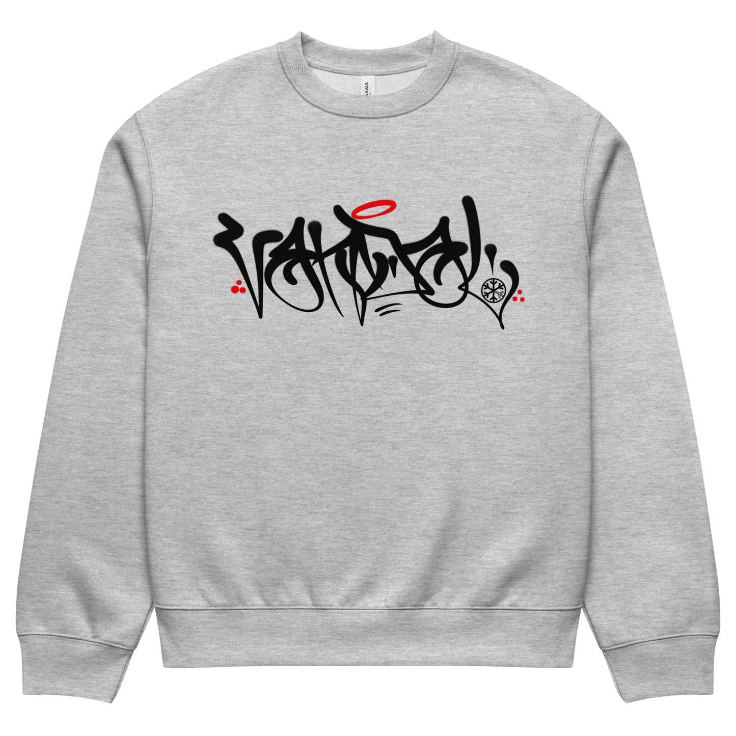 Gray-Vandal Graffiti Tag Sweatshirt by Caos One from B.Different Clothing, front view, graffiti-inspired streetwear, oversized heavyweight