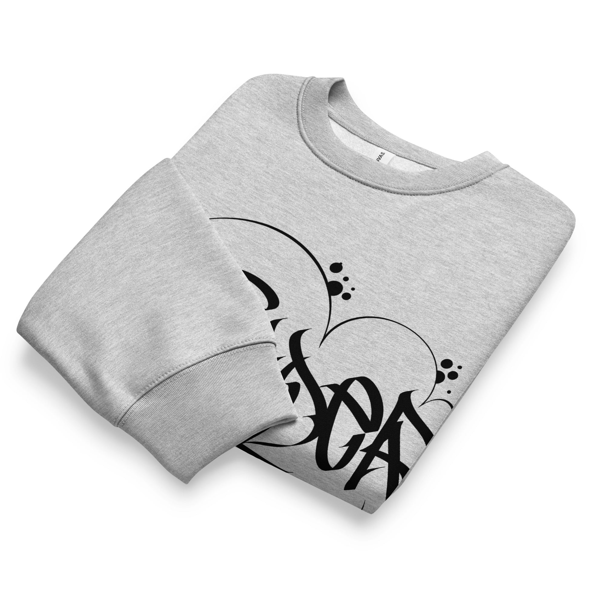 Gray-Outsider Graffiti Tag Sweatshirt by Caos One from B.Different Clothing, folded, graffiti-inspired streetwear, oversized heavyweight