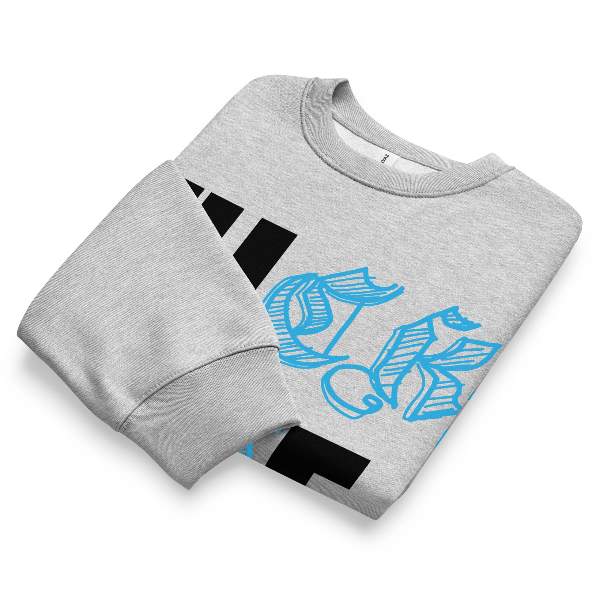 Gray-Fuck The Buff Graffiti Sweatshirt from B.Different Clothing, folded, graffiti-inspired streetwear, oversized heavyweight