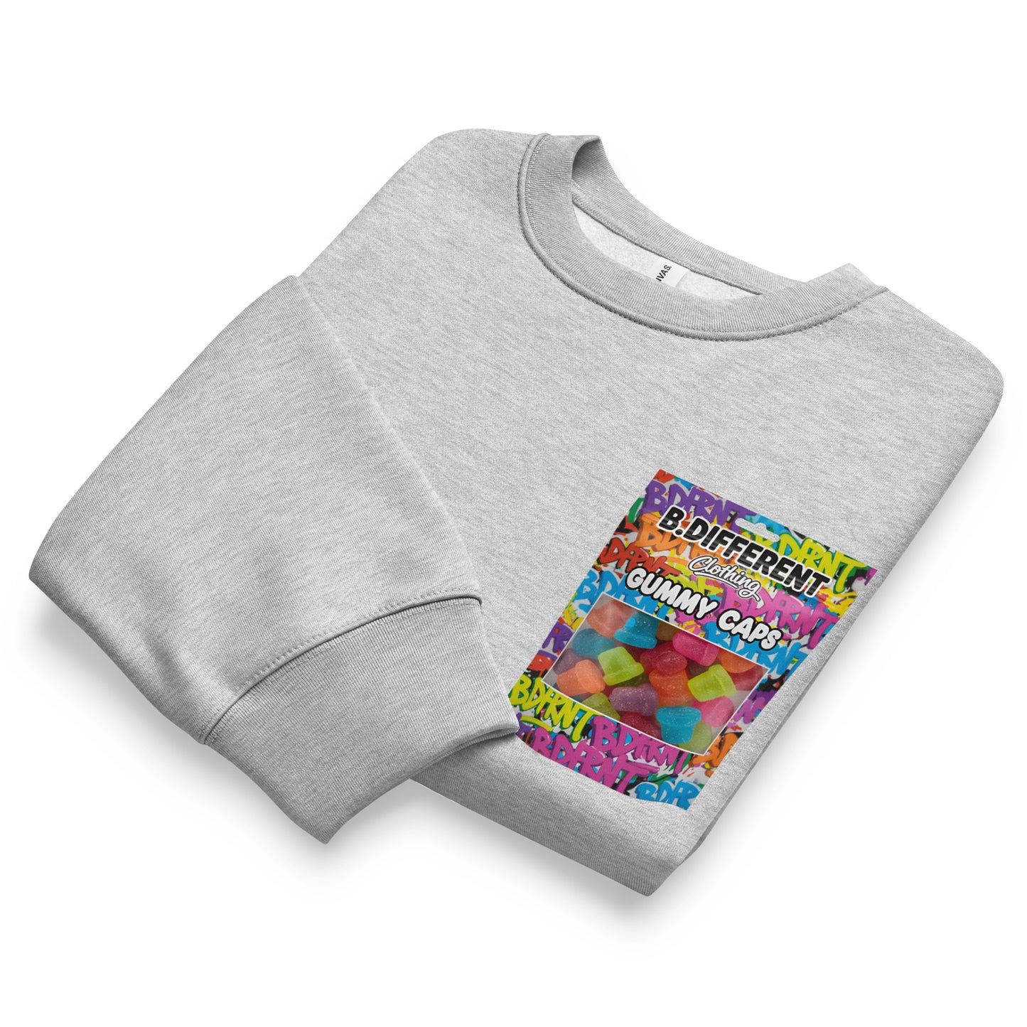 Gray-Gummy Caps Graffiti Sweatshirt from B.Different Clothing, folded, graffiti-inspired streetwear, oversized heavyweight