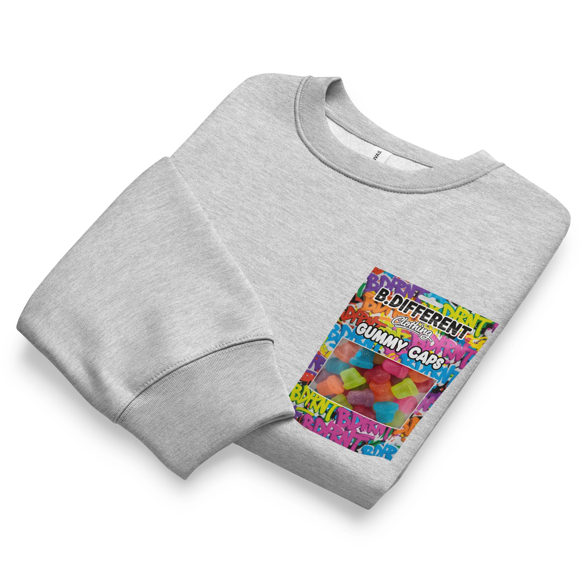Gray-Gummy Caps Graffiti Sweatshirt from B.Different Clothing, folded, graffiti-inspired streetwear, oversized heavyweight