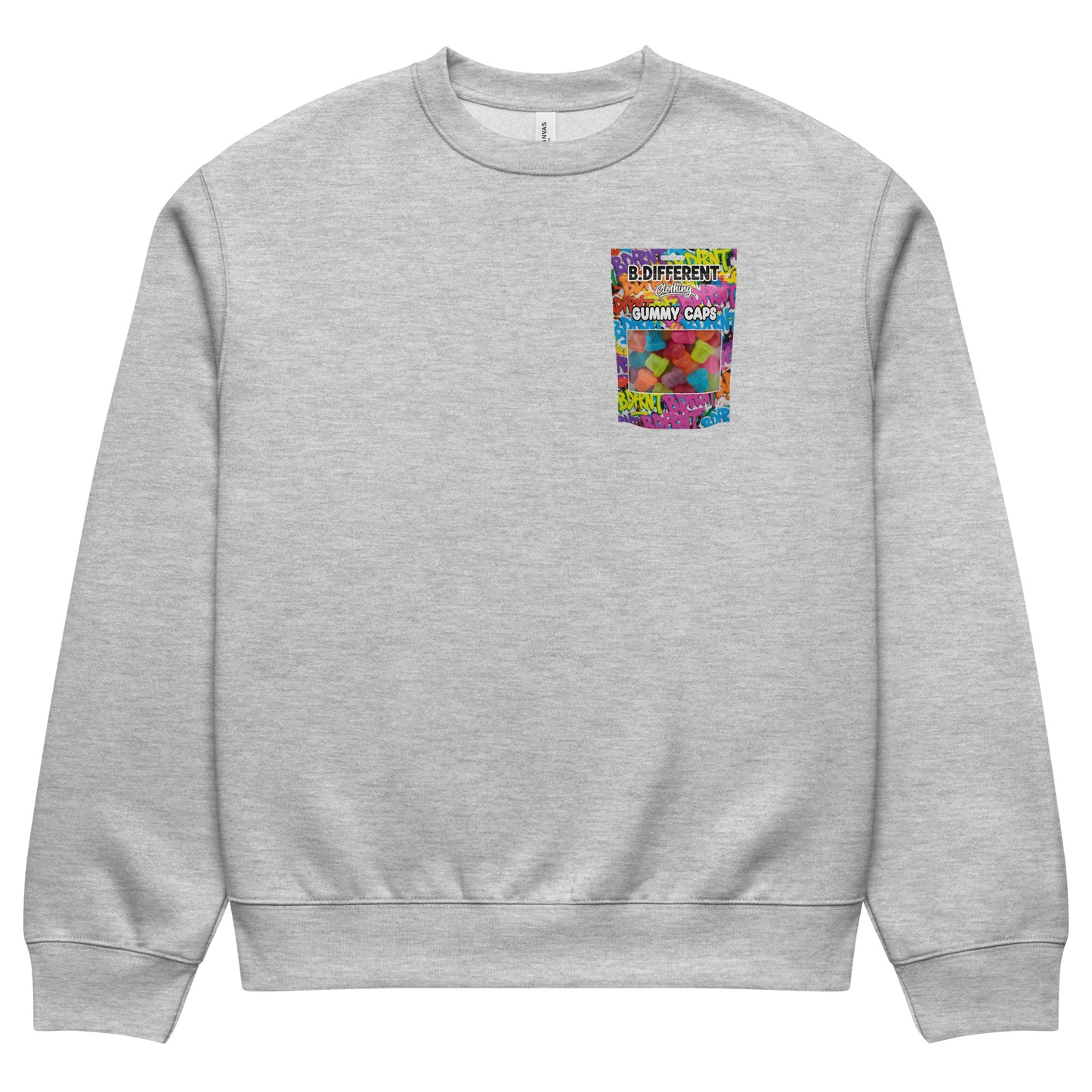 Gray-Gummy Caps Graffiti Sweatshirt from B.Different Clothing, front view, graffiti-inspired streetwear, oversized heavyweight