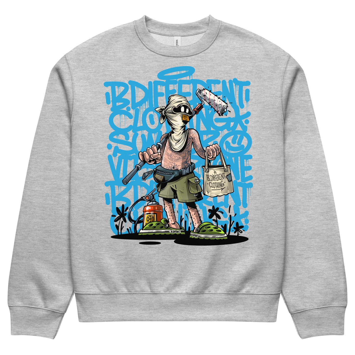 Gray-Summer Graffiti Sweatshirt by Trk One from B.Different Clothing, front view, graffiti-inspired streetwear, oversized heavyweight
