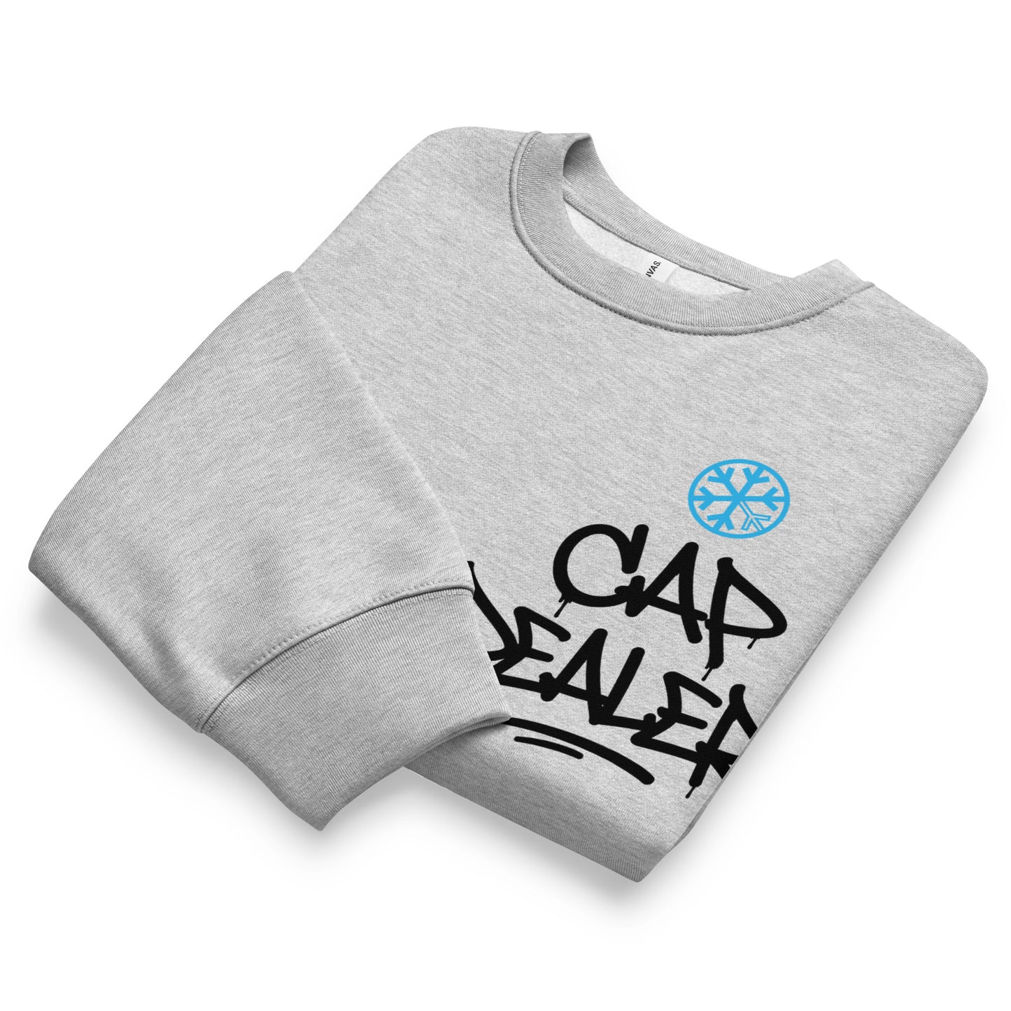 Gray-Cap Dealer Graffiti Sweatshirt from B.Different Clothing, folded, graffiti-inspired streetwear
