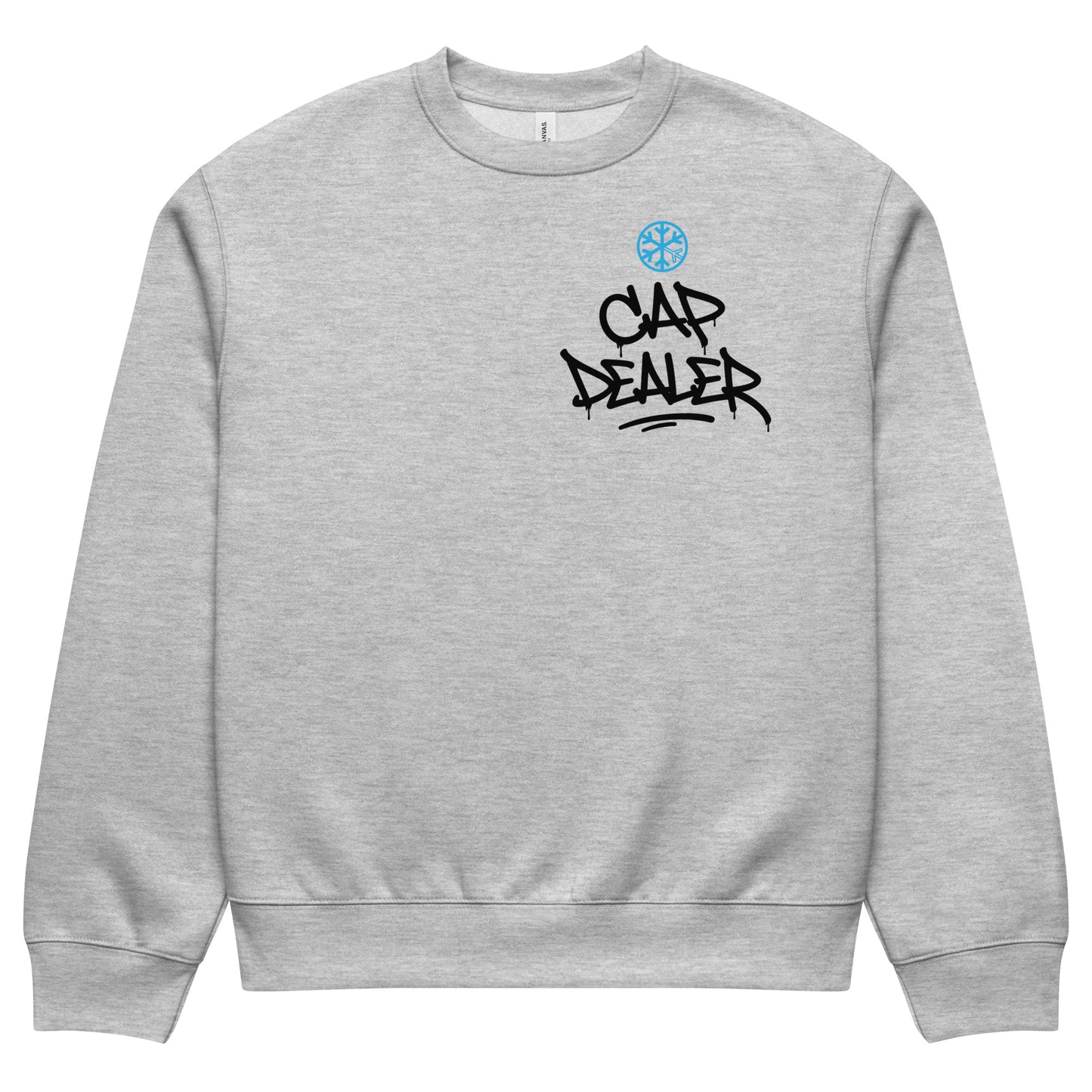 Gray-Cap Dealer Graffiti Sweatshirt from B.Different Clothing, front view, graffiti-inspired streetwear