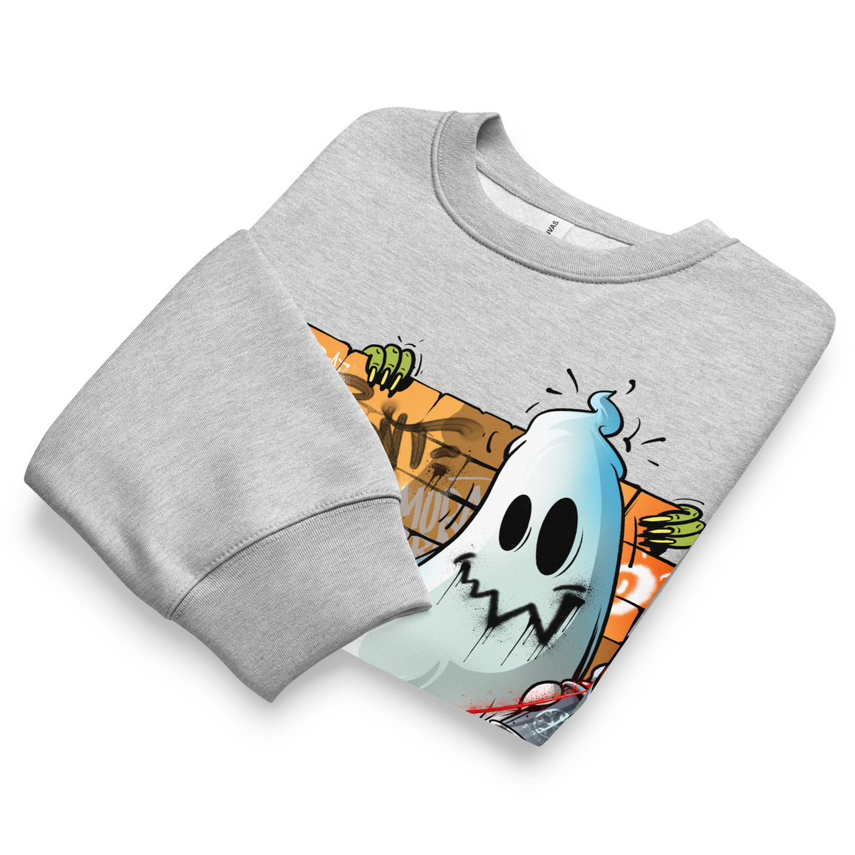 Gray-Spooky Graffiti Sweatshirt by Trk One from B.Different Clothing, folded, graffiti-inspired streetwear, oversized heavyweight