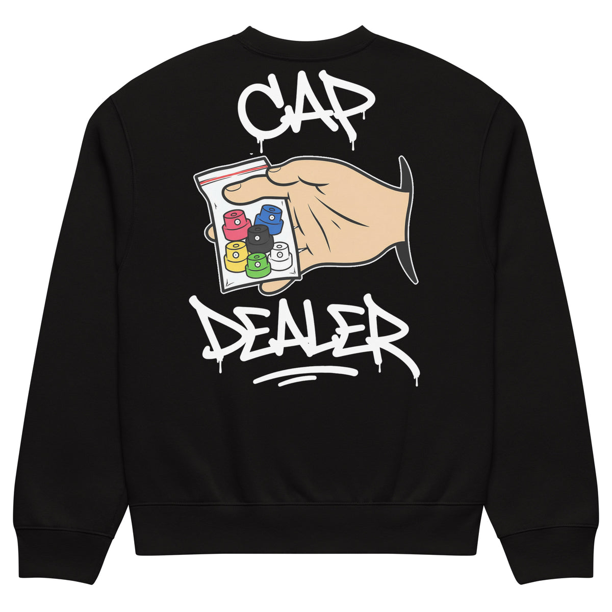 Black-Cap Dealer Graffiti Sweatshirt from B.Different Clothing, back view, graffiti-inspired streetwear