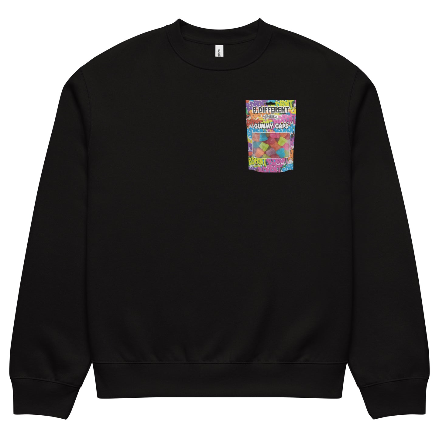 Black-Gummy Caps Graffiti Sweatshirt from B.Different Clothing, front view, graffiti-inspired streetwear, oversized heavyweight