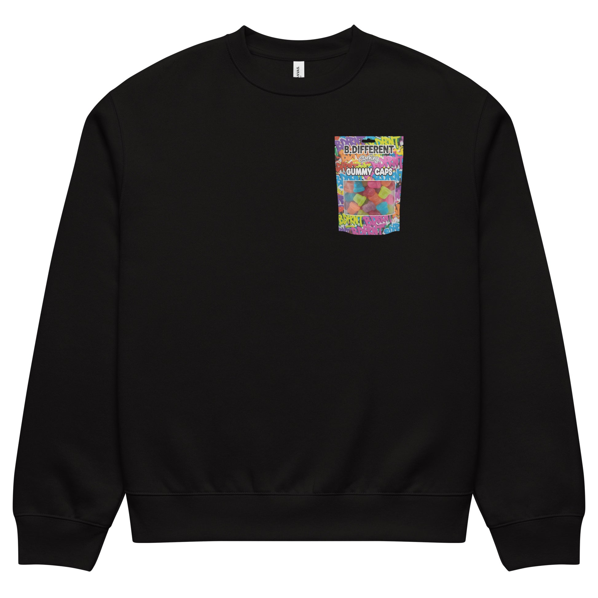 Black-Gummy Caps Graffiti Sweatshirt from B.Different Clothing, front view, graffiti-inspired streetwear, oversized heavyweight