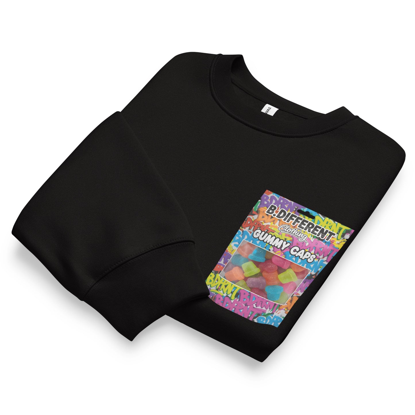 Black-Gummy Caps Graffiti Sweatshirt from B.Different Clothing, folded, graffiti-inspired streetwear, oversized heavyweight