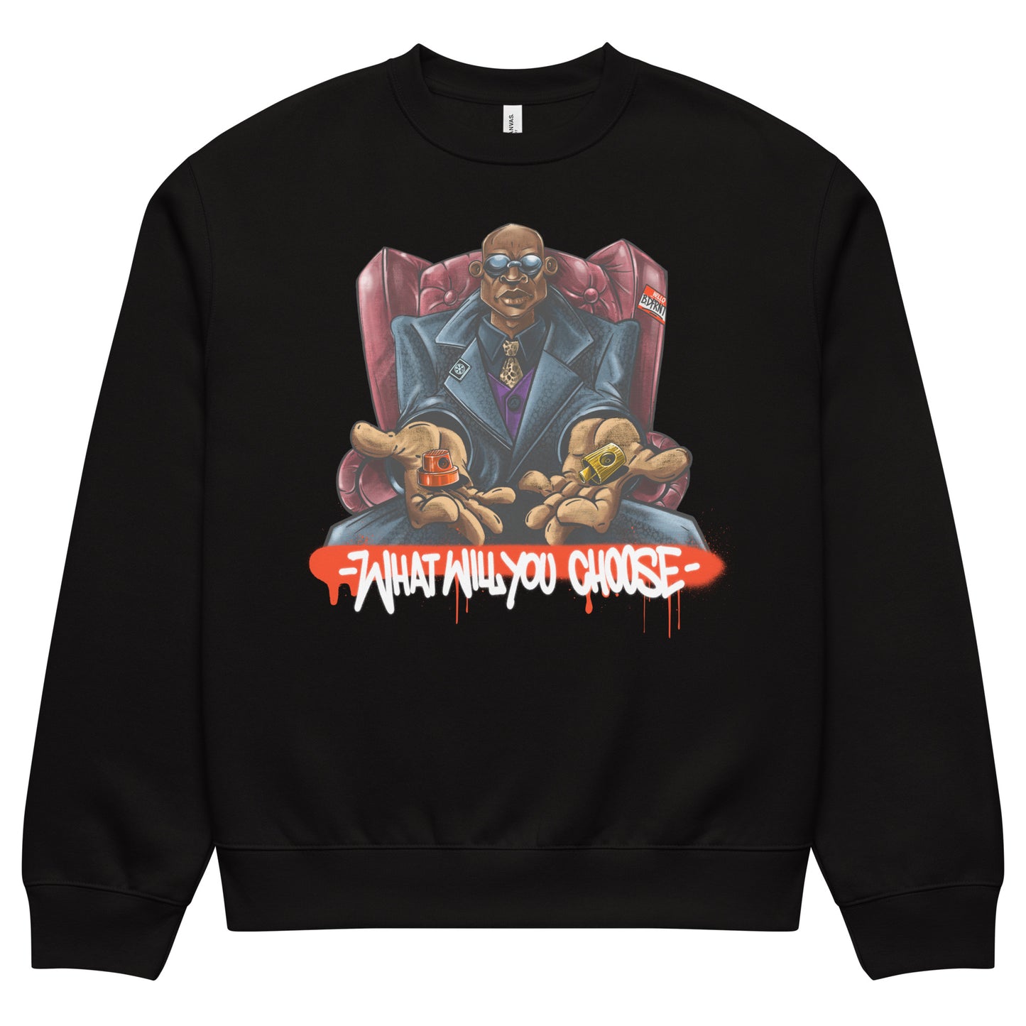 Black-Make Your Choice Graffiti Sweatshirt by Trk One from B.Different Clothing, front view, graffiti-inspired streetwear, oversized heavyweight