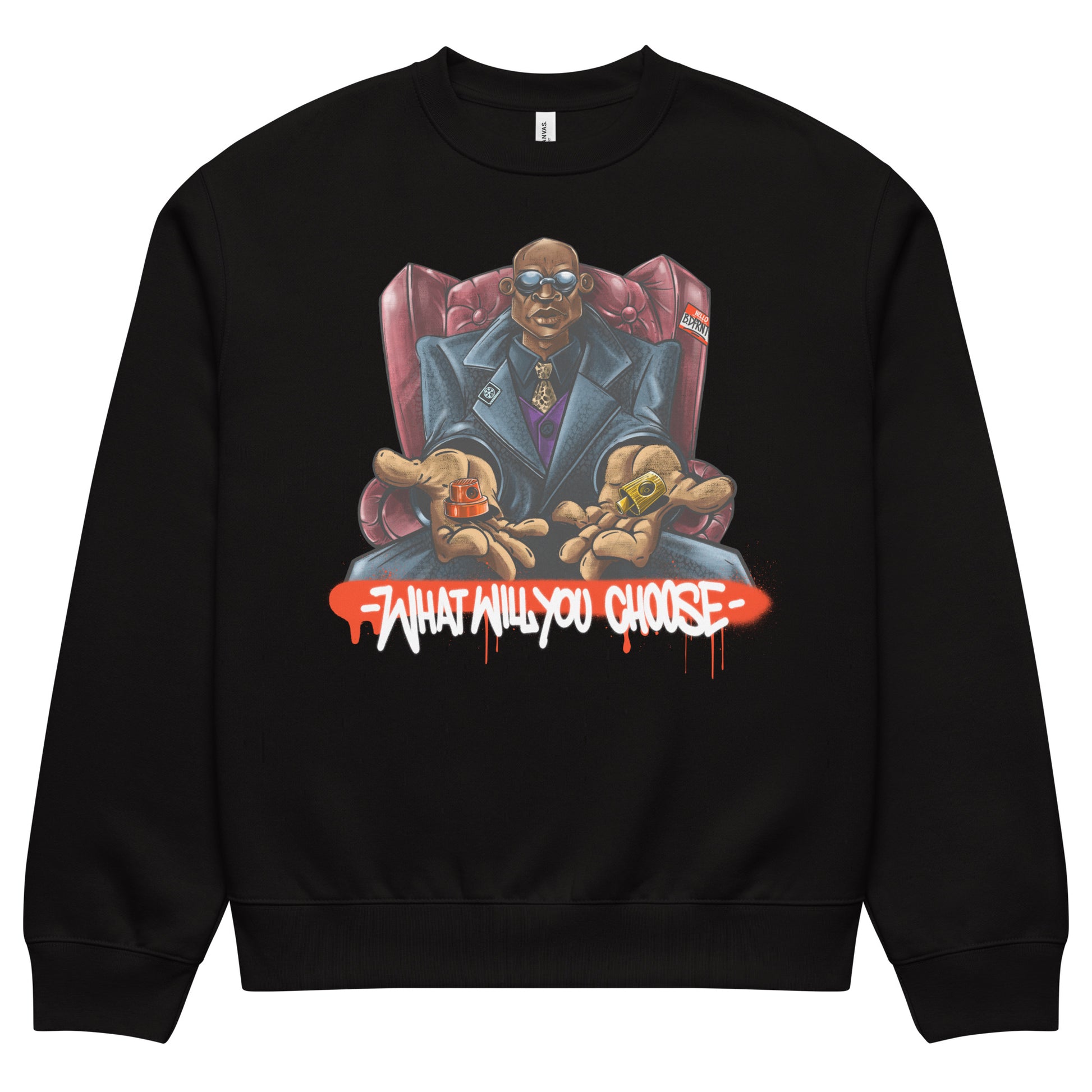 Black-Make Your Choice Graffiti Sweatshirt by Trk One from B.Different Clothing, front view, graffiti-inspired streetwear, oversized heavyweight