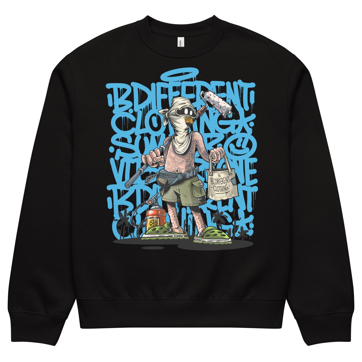 Black-Summer Graffiti Sweatshirt by Trk One from B.Different Clothing, front view, graffiti-inspired streetwear, oversized heavyweight
