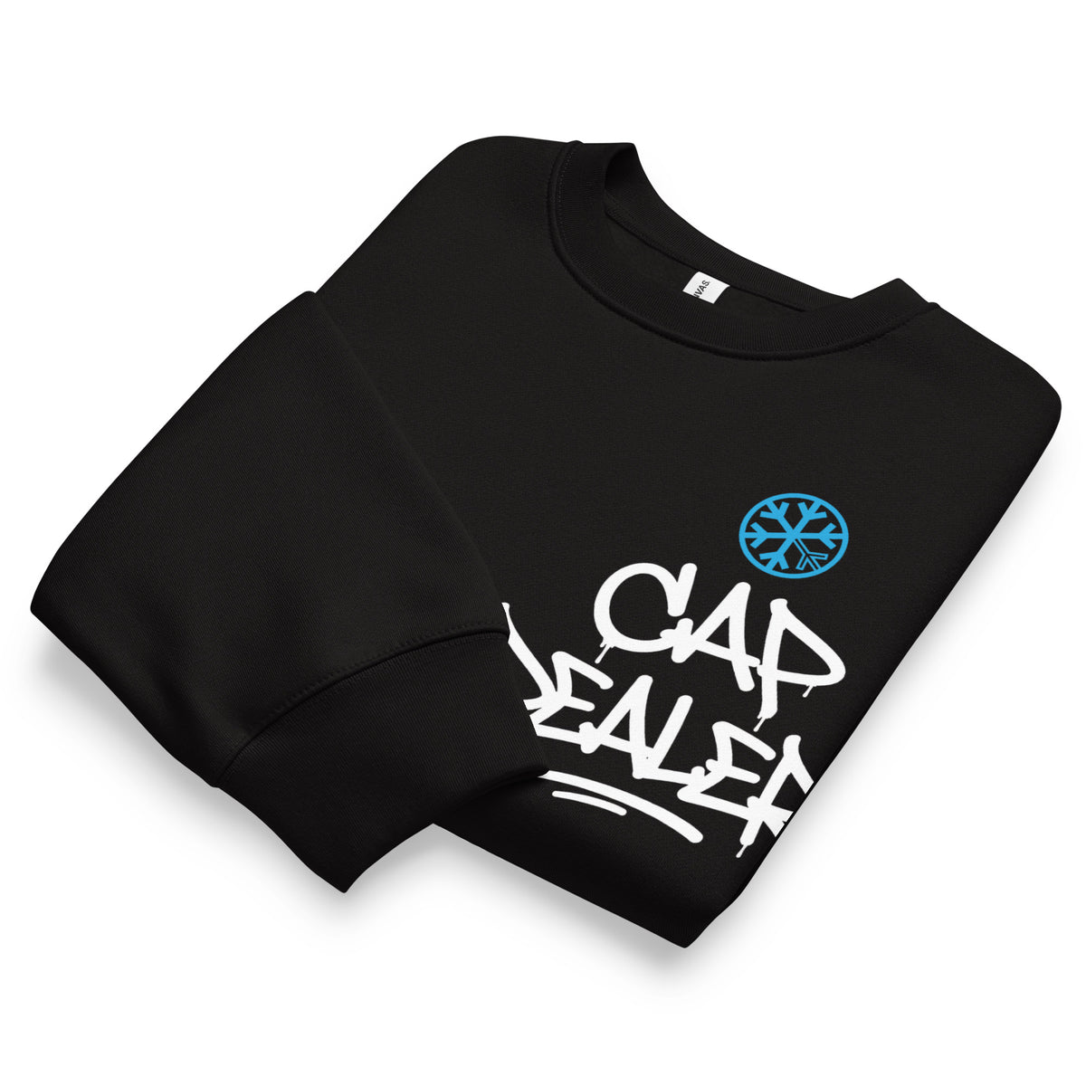 Black-Cap Dealer Graffiti Sweatshirt from B.Different Clothing, front view, graffiti-inspired streetwear