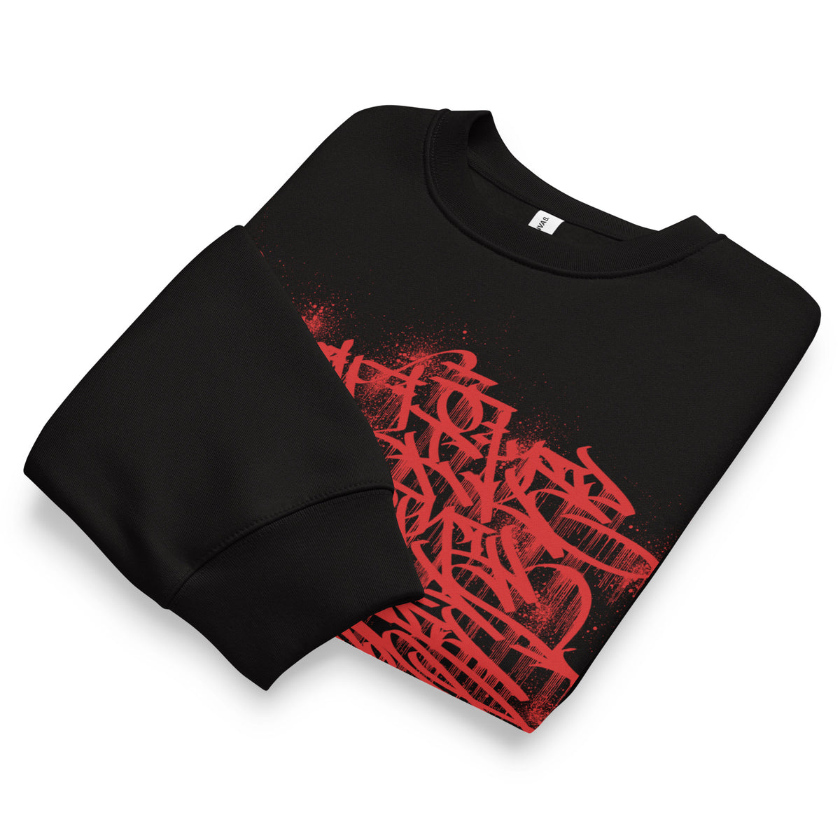 Black-Do You Like Scary Movies Graffiti Sweatshirt by Shew from B.Different Clothing, folded, graffiti-inspired streetwear, oversized heavyweight