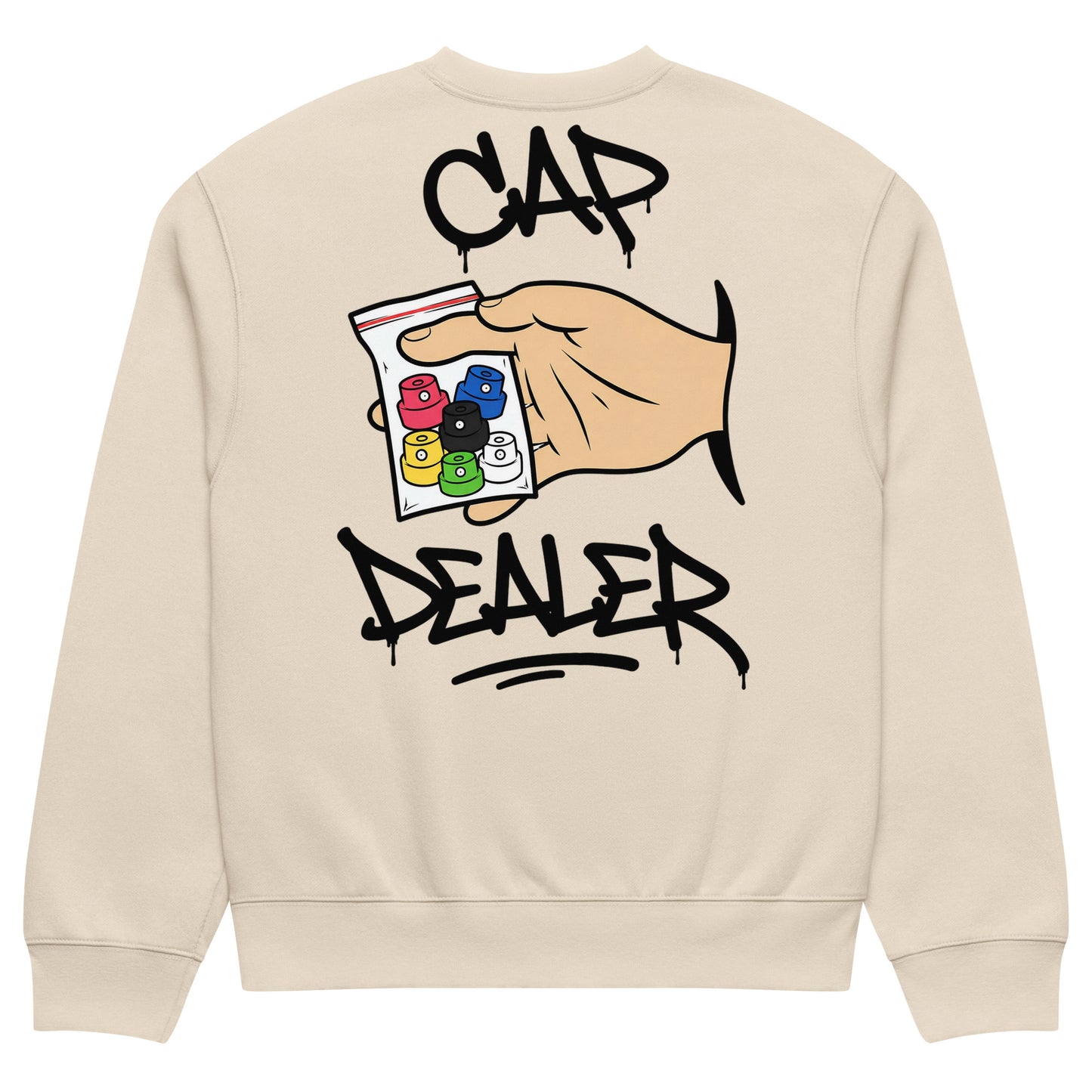 Beige-Cap Dealer Graffiti Sweatshirt from B.Different Clothing, back view, graffiti-inspired streetwear