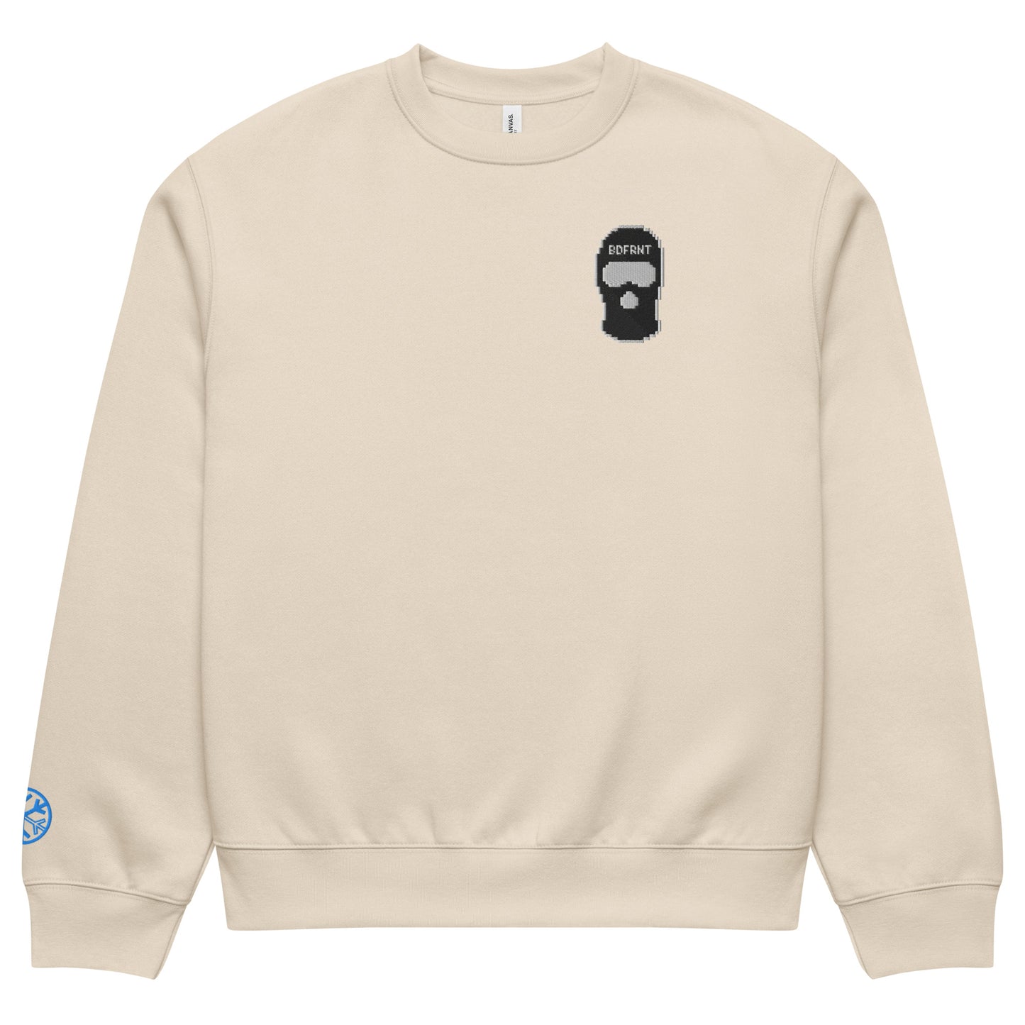 Beige-Pixel Balaclava Graffiti Sweatshirt from B.Different Clothing, front view, graffiti-inspired streetwear, oversized heavyweight