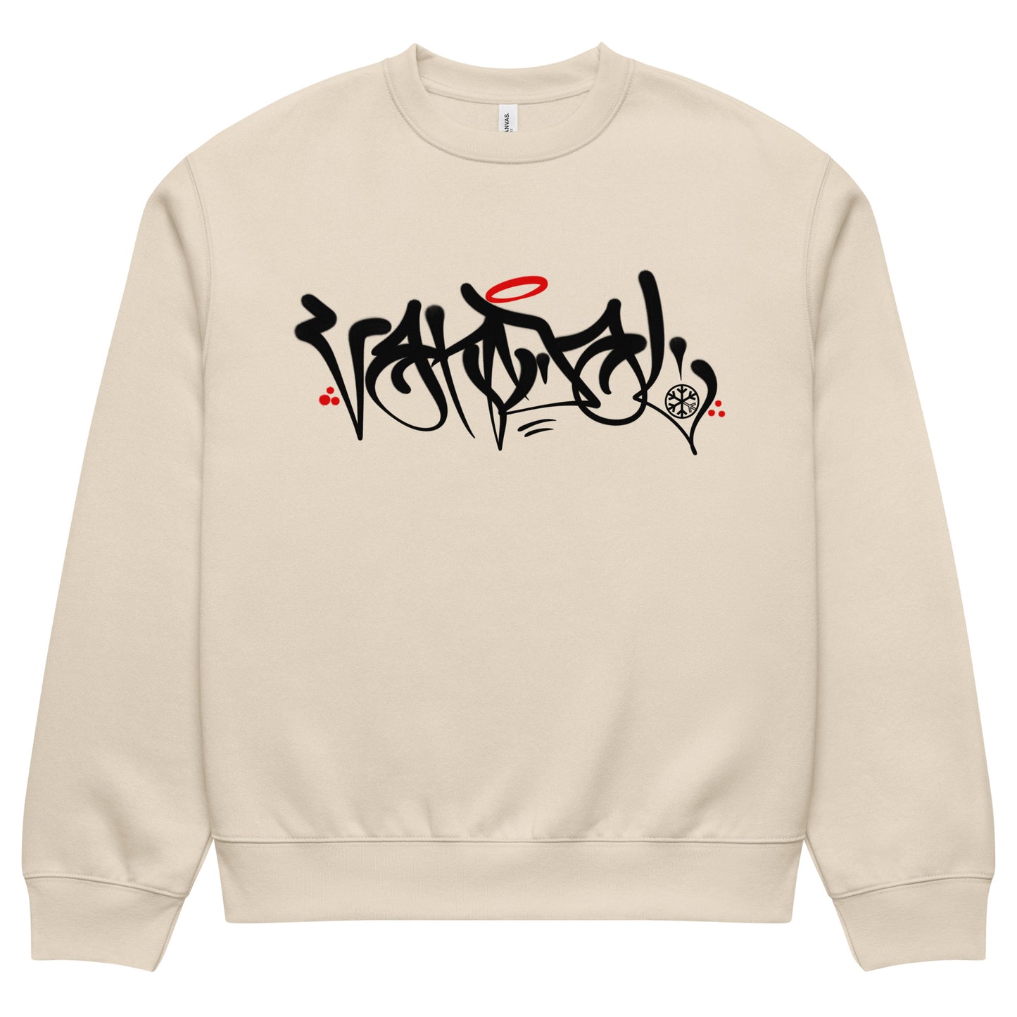 Beige-Vandal Graffiti Tag Sweatshirt by Caos One from B.Different Clothing, front view, graffiti-inspired streetwear, oversized heavyweight