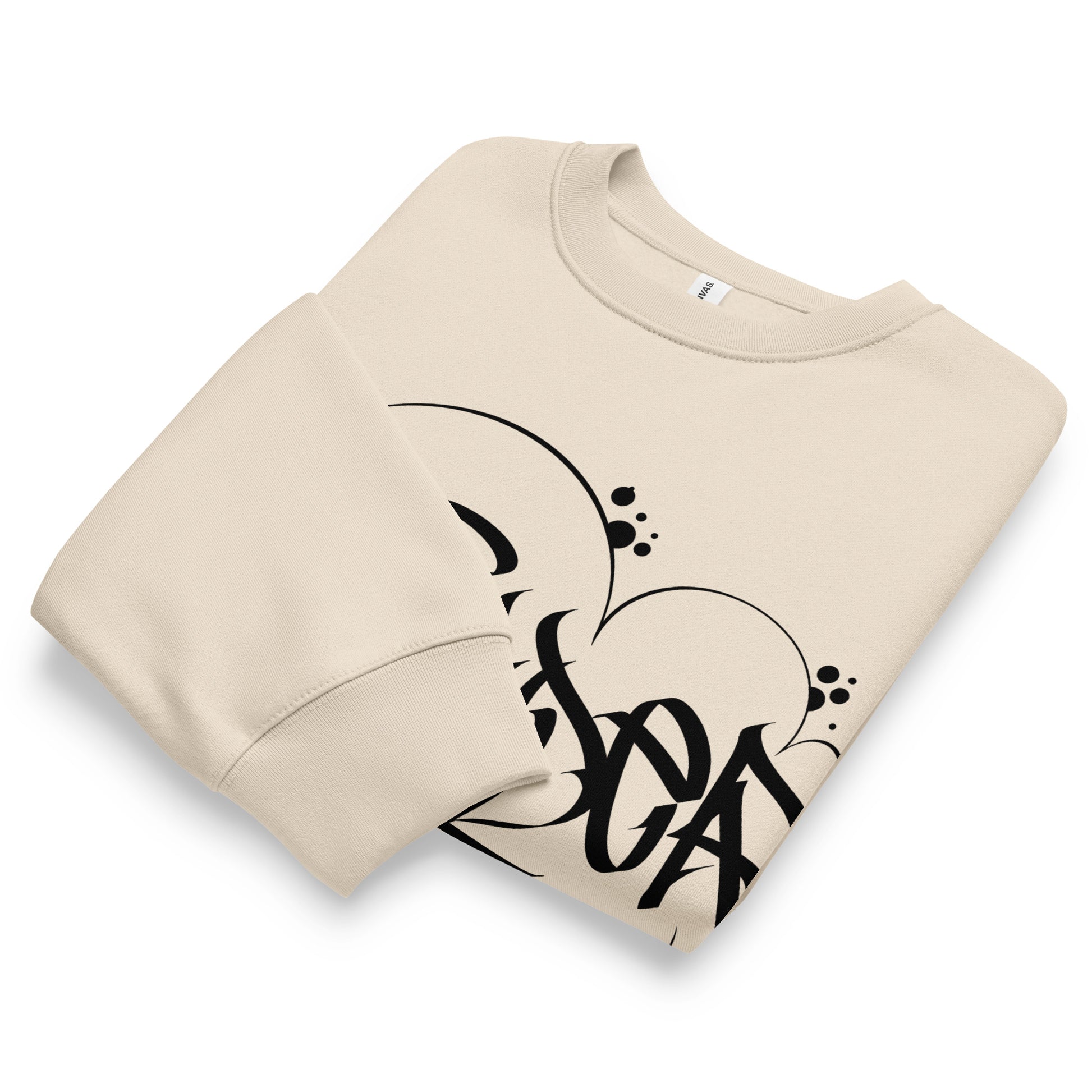 Beige-Outsider Graffiti Tag Sweatshirt by Caos One from B.Different Clothing, folded, graffiti-inspired streetwear, oversized heavyweight