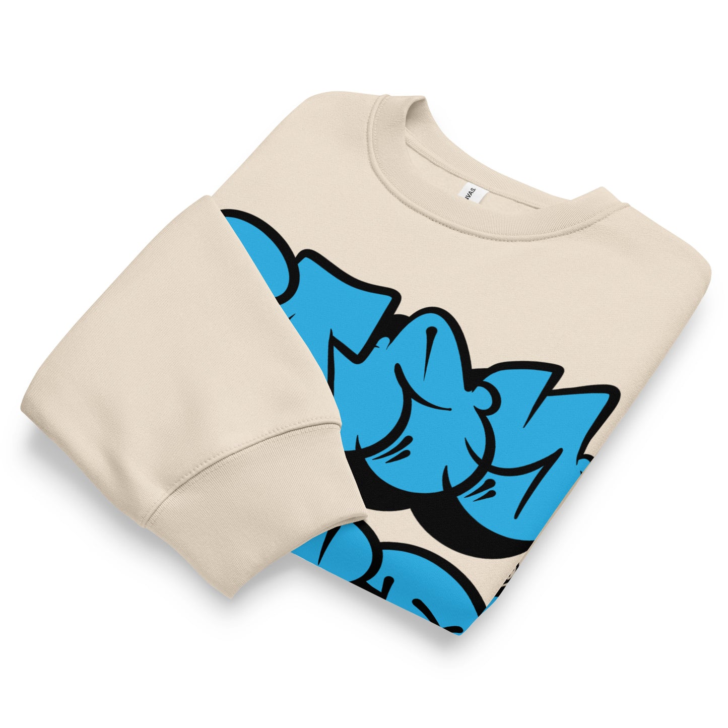 Beige-Stay Weird Graffiti Throwie Sweatshirt by Monsterinho from B.Different Clothing, folded, graffiti-inspired streetwear, oversized heavyweight