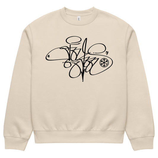 Beige-Toys Tag Sweatshirt by Graffiti Dad from B.Different Clothing, front view, graffiti-inspired streetwear, oversized heavyweight