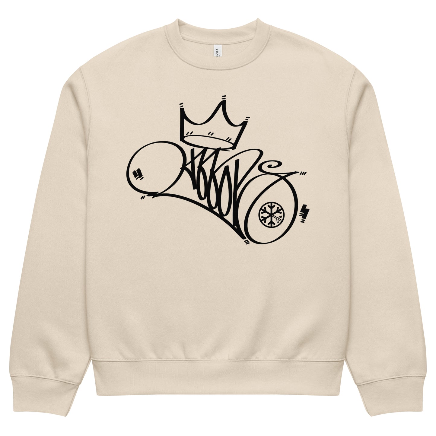 Beige-Mop King Tag Sweatshirt by Graffiti Dad from B.Different Clothing, front view, graffiti-inspired streetwear, oversized heavyweight