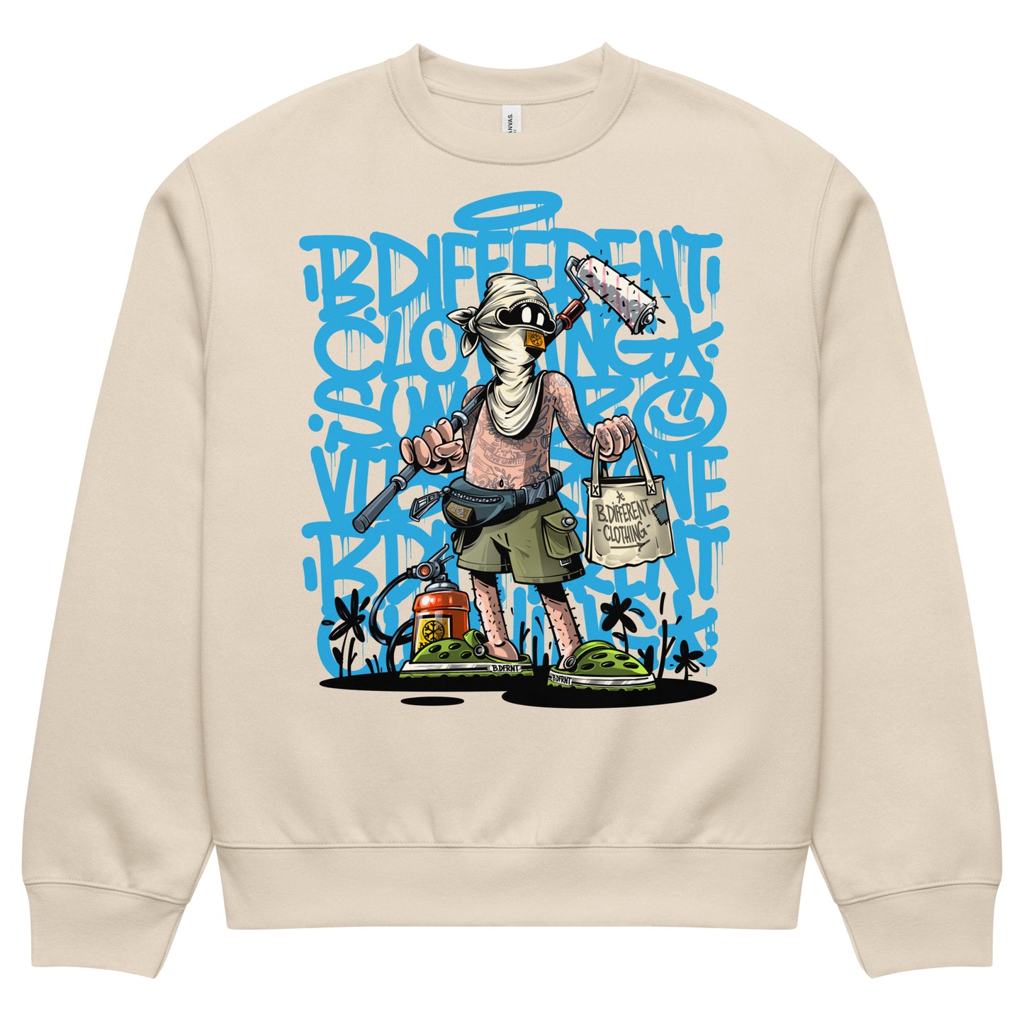 Beige-Summer Graffiti Sweatshirt by Trk One from B.Different Clothing, front view, graffiti-inspired streetwear, oversized heavyweight