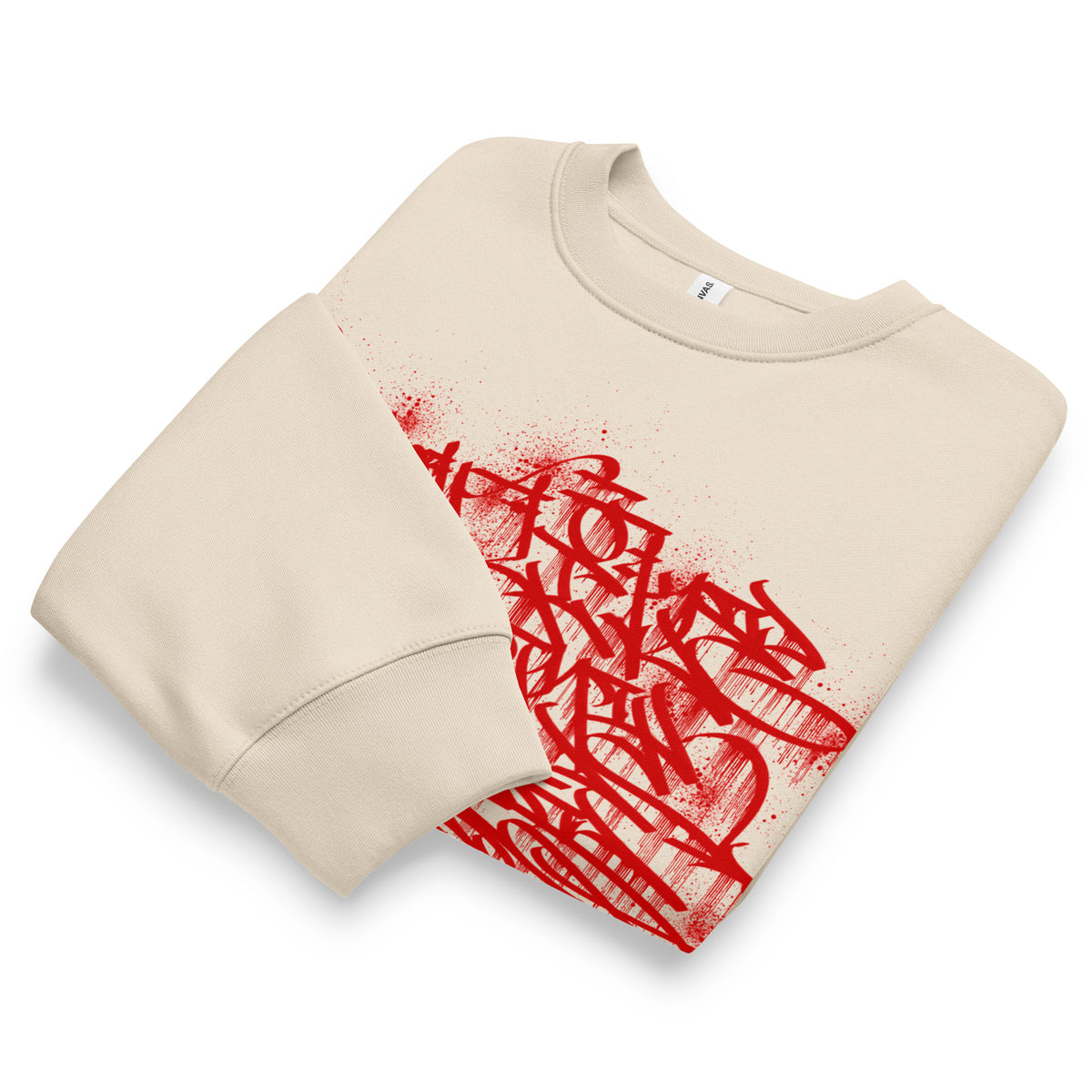 Beige-Do You Like Scary Movies Graffiti Sweatshirt by Shew from B.Different Clothing, folded, graffiti-inspired streetwear, oversized heavyweight