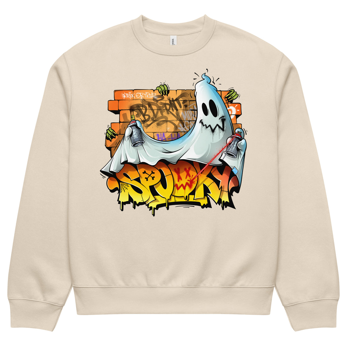 Beige-Spooky Graffiti Sweatshirt by Trk One from B.Different Clothing, front view, graffiti-inspired streetwear, oversized heavyweight