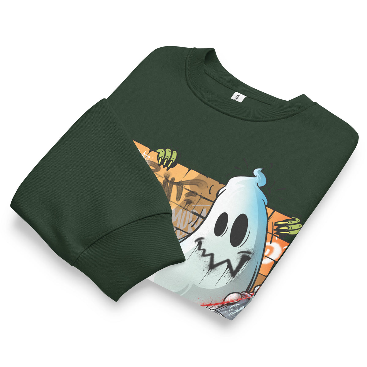 Green-Spooky Graffiti Sweatshirt by Trk One from B.Different Clothing, folded, graffiti-inspired streetwear, oversized heavyweight