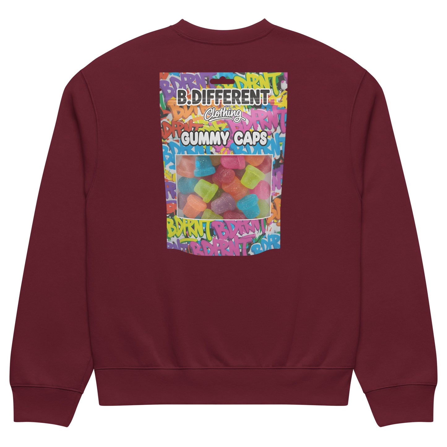 Maroon-Gummy Caps Graffiti Sweatshirt from B.Different Clothing, back view, graffiti-inspired streetwear, oversized heavyweight